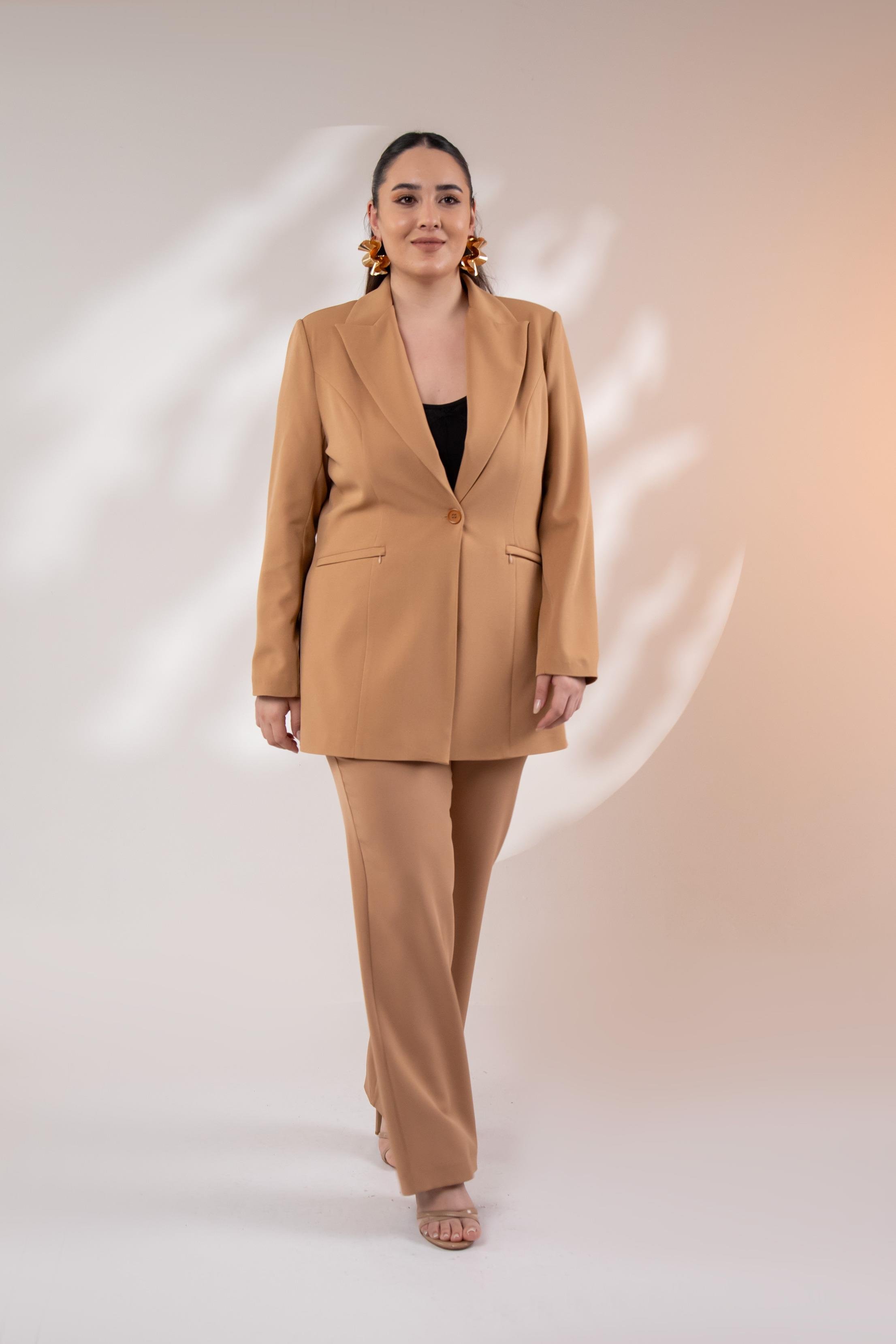 Büyük Beden 122262 Cep Fermuarlı Blazer Ceket Camel