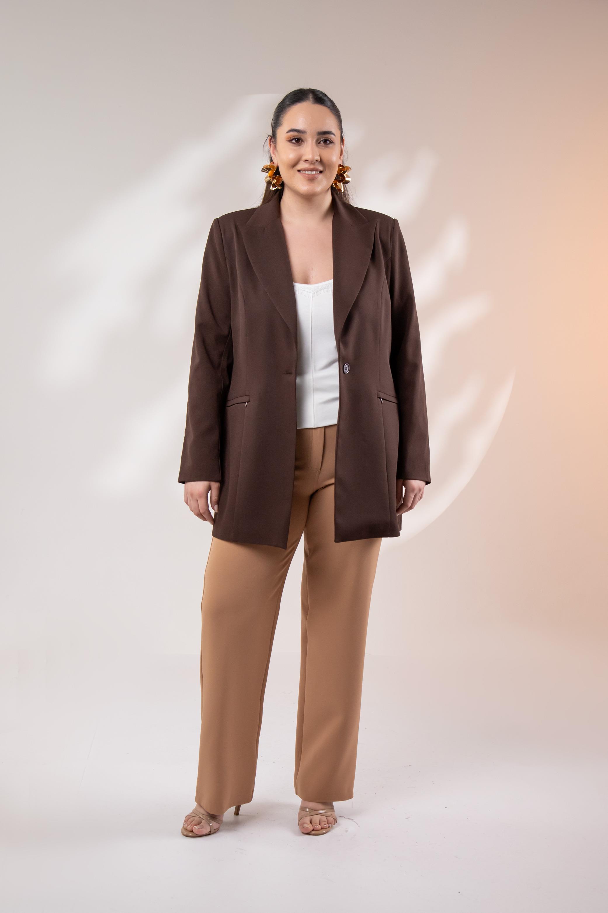 Büyük Beden 122262 Cep Fermuarlı Blazer Ceket Kahverengi