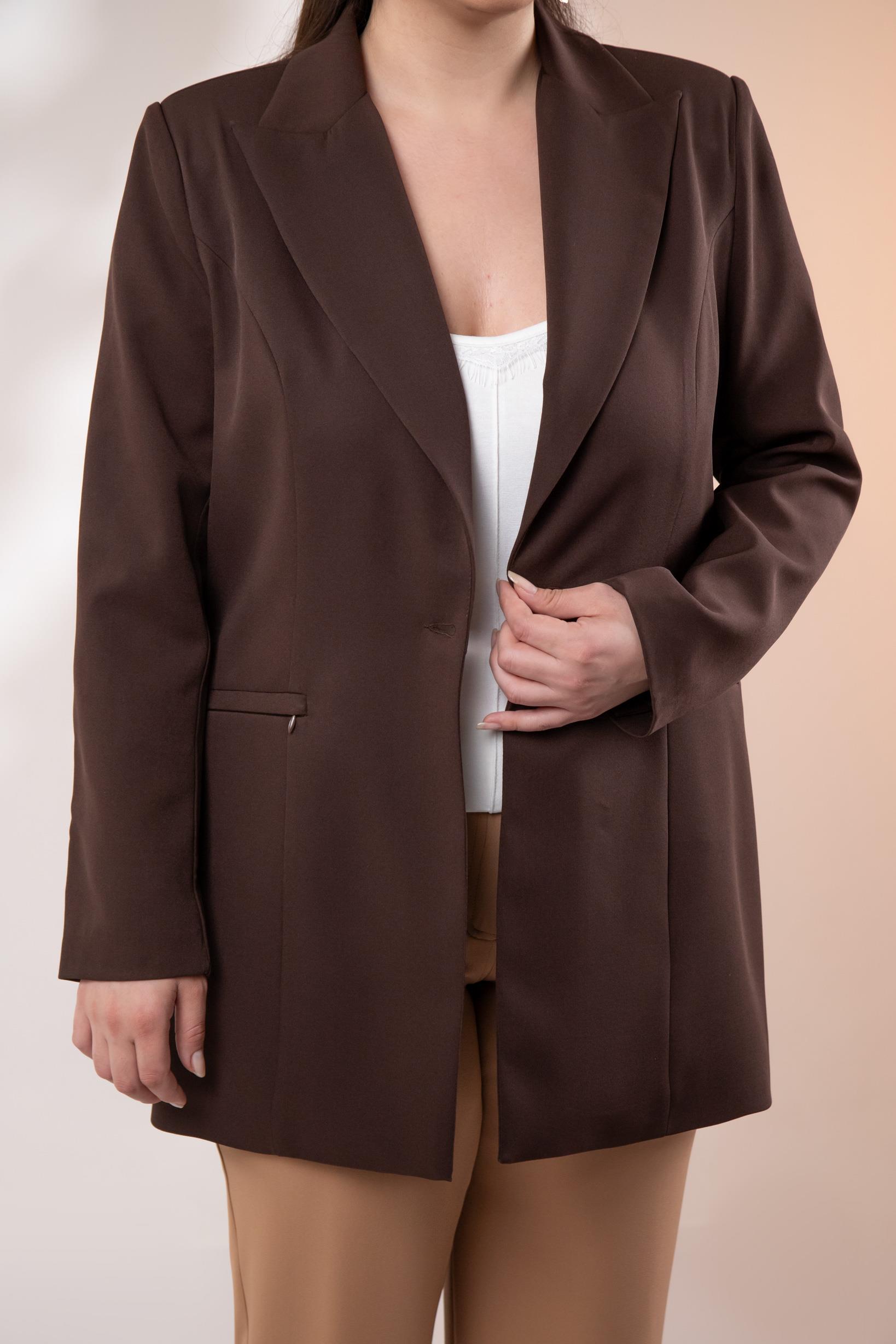 Büyük Beden 122262 Cep Fermuarlı Blazer Ceket Kahverengi