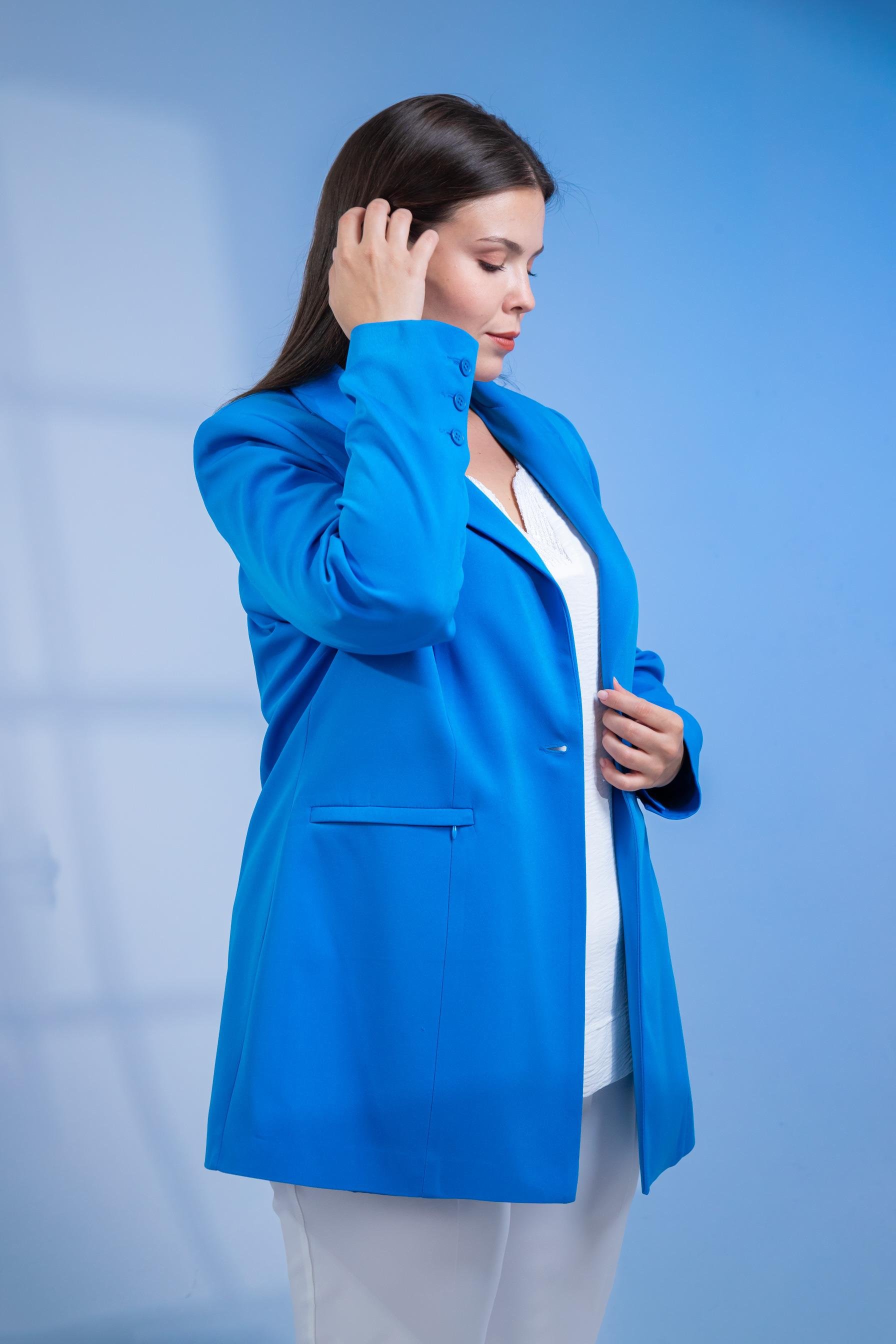 Büyük Beden 122262 Cep Fermuarlı Blazer Ceket Saks