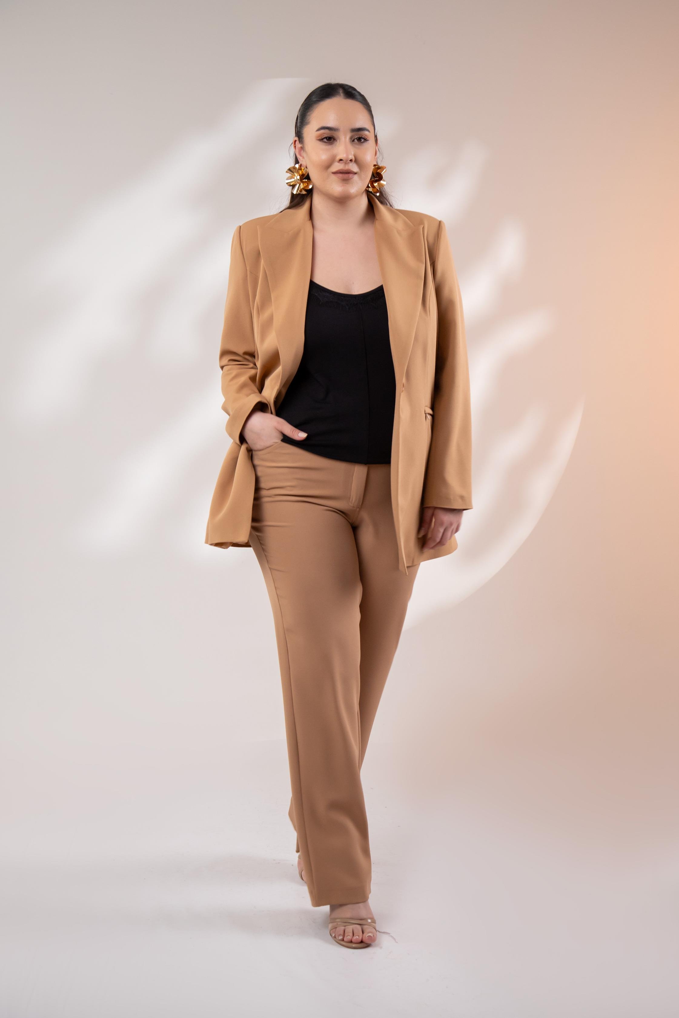 Büyük Beden 122262 Cep Fermuarlı Blazer Ceket Camel