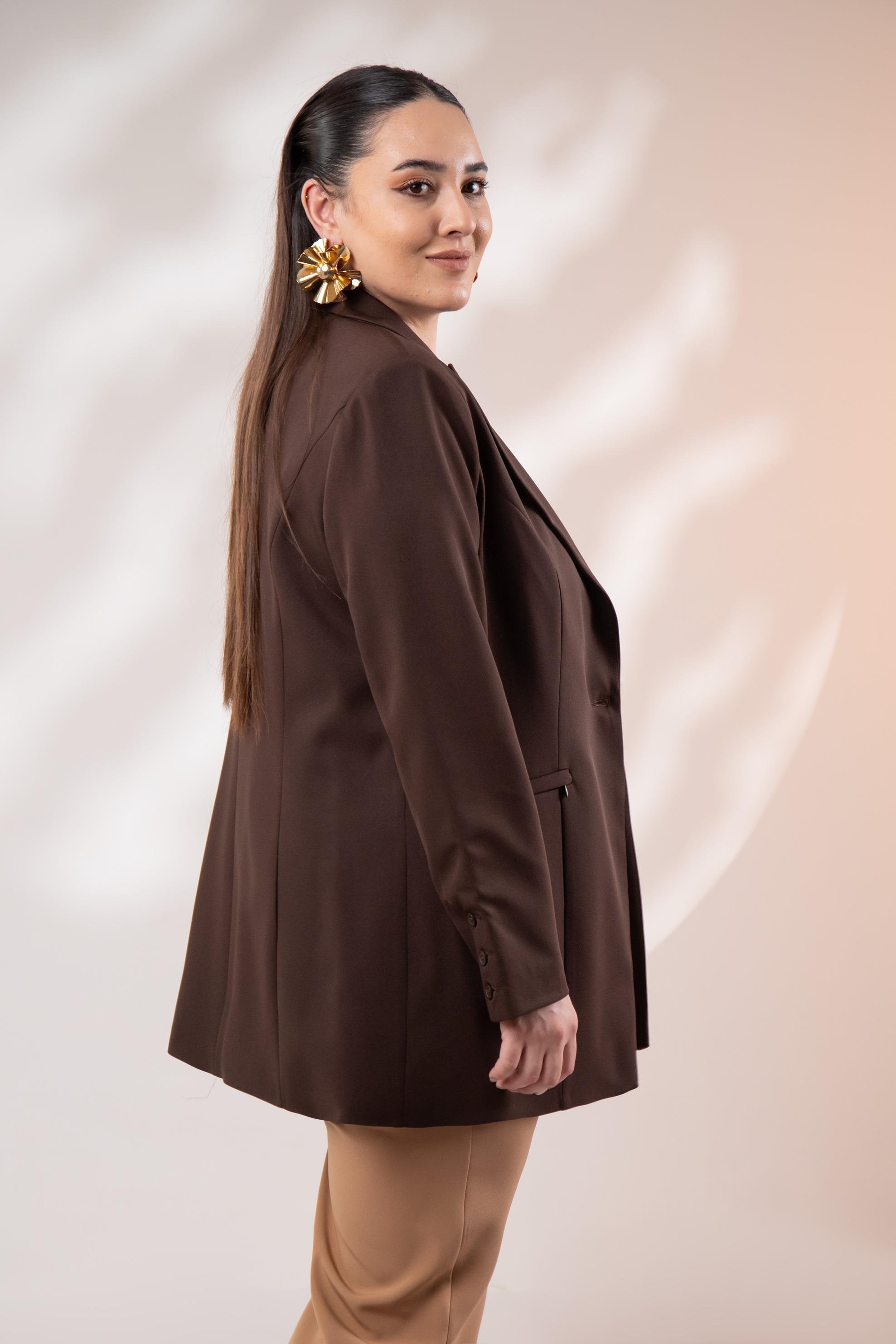 Büyük Beden 122262 Cep Fermuarlı Blazer Ceket Kahverengi