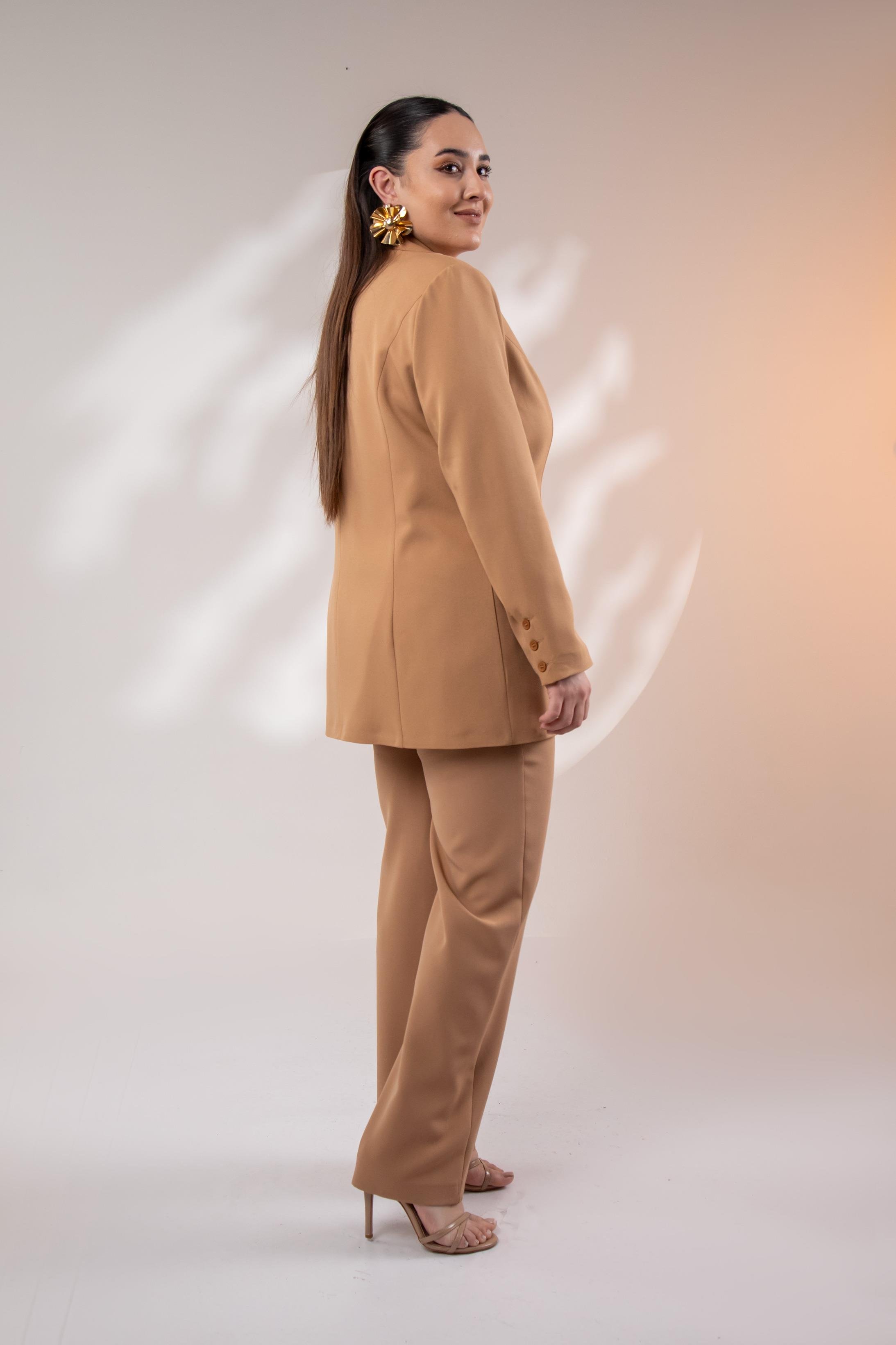 Büyük Beden 122262 Cep Fermuarlı Blazer Ceket Camel