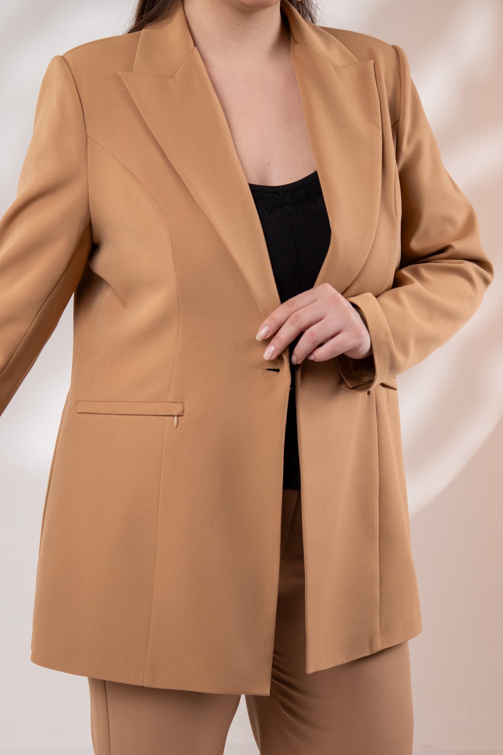 Büyük Beden 122262 Cep Fermuarlı Blazer Ceket Camel