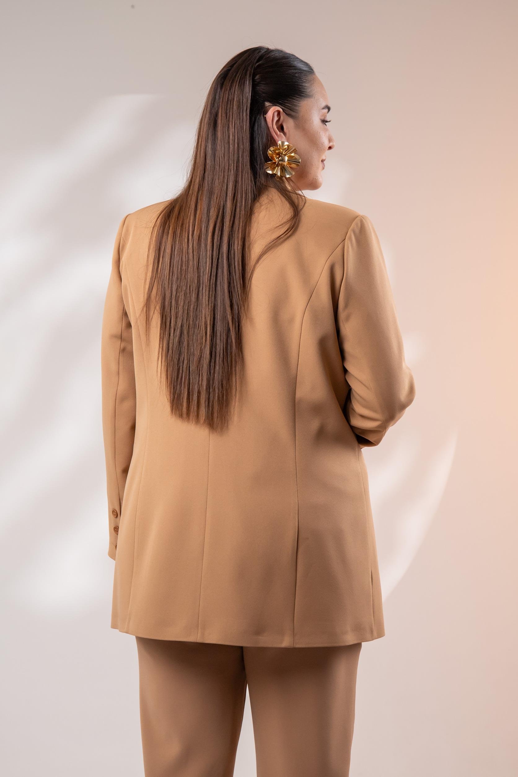 Büyük Beden 122262 Cep Fermuarlı Blazer Ceket Camel