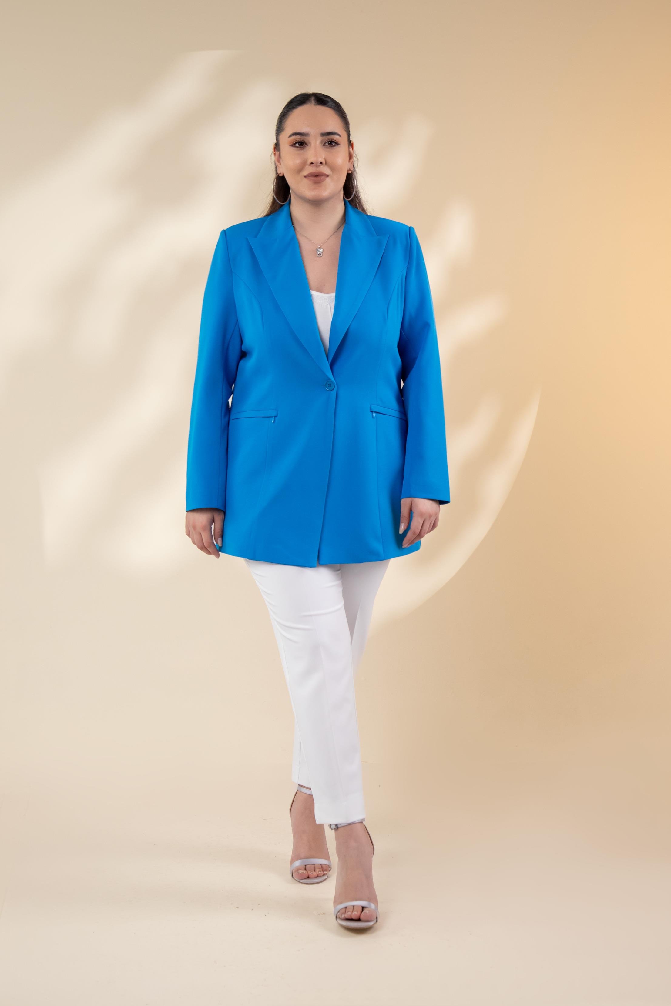 Büyük Beden 122262 Cep Fermuarlı Blazer Ceket Saks