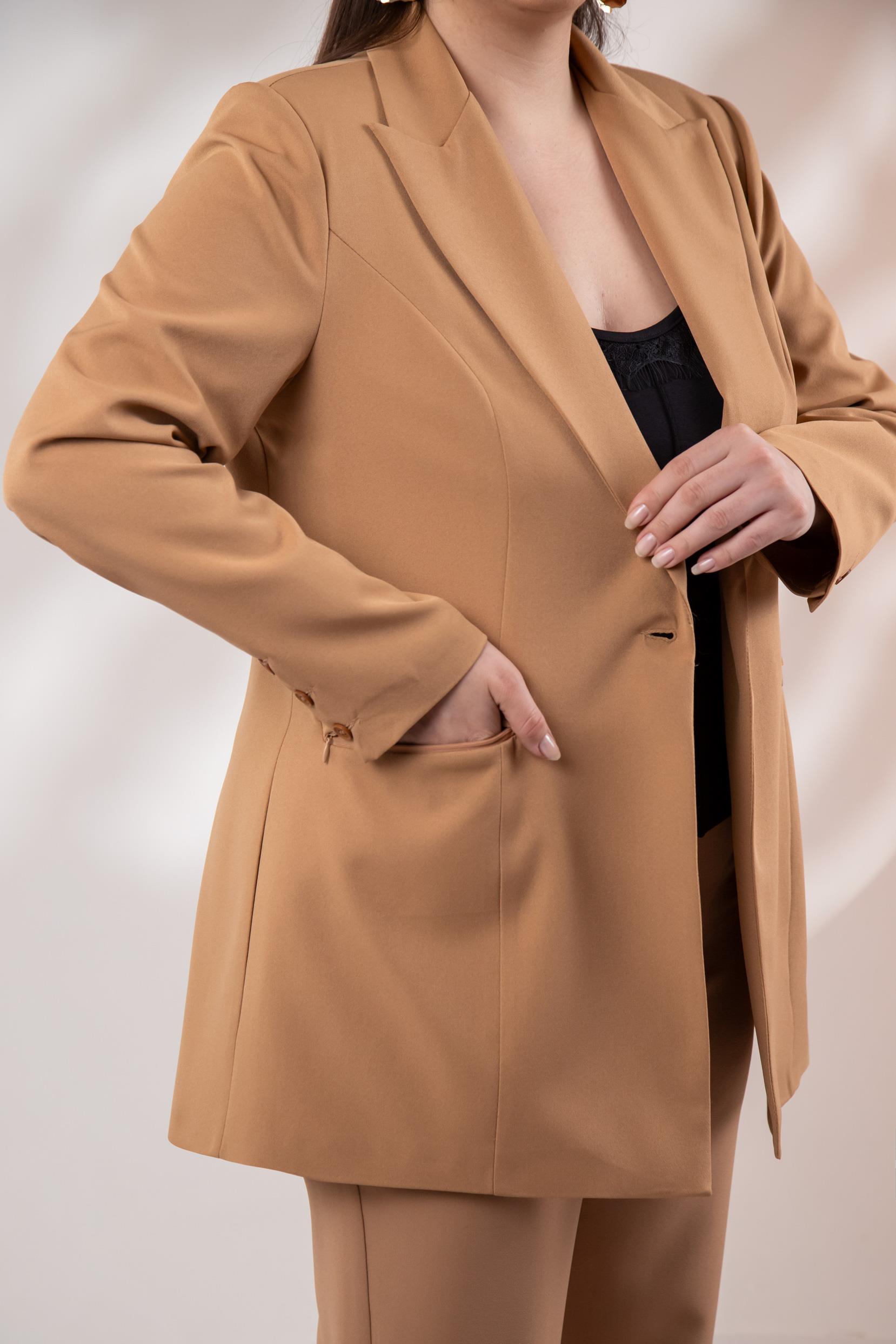 Büyük Beden 122262 Cep Fermuarlı Blazer Ceket Camel