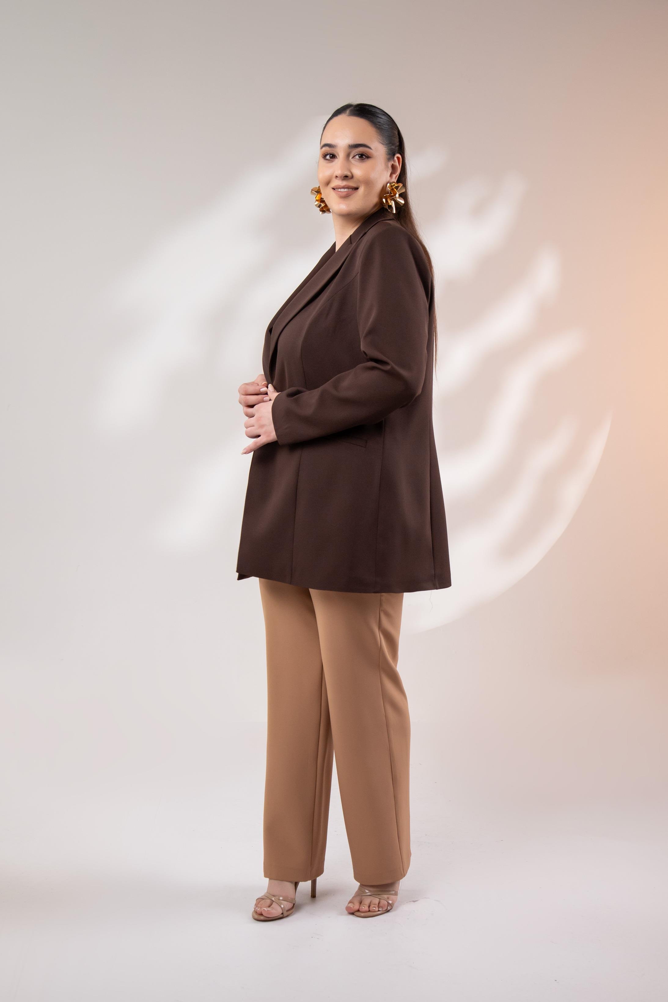 Büyük Beden 122262 Cep Fermuarlı Blazer Ceket Kahverengi