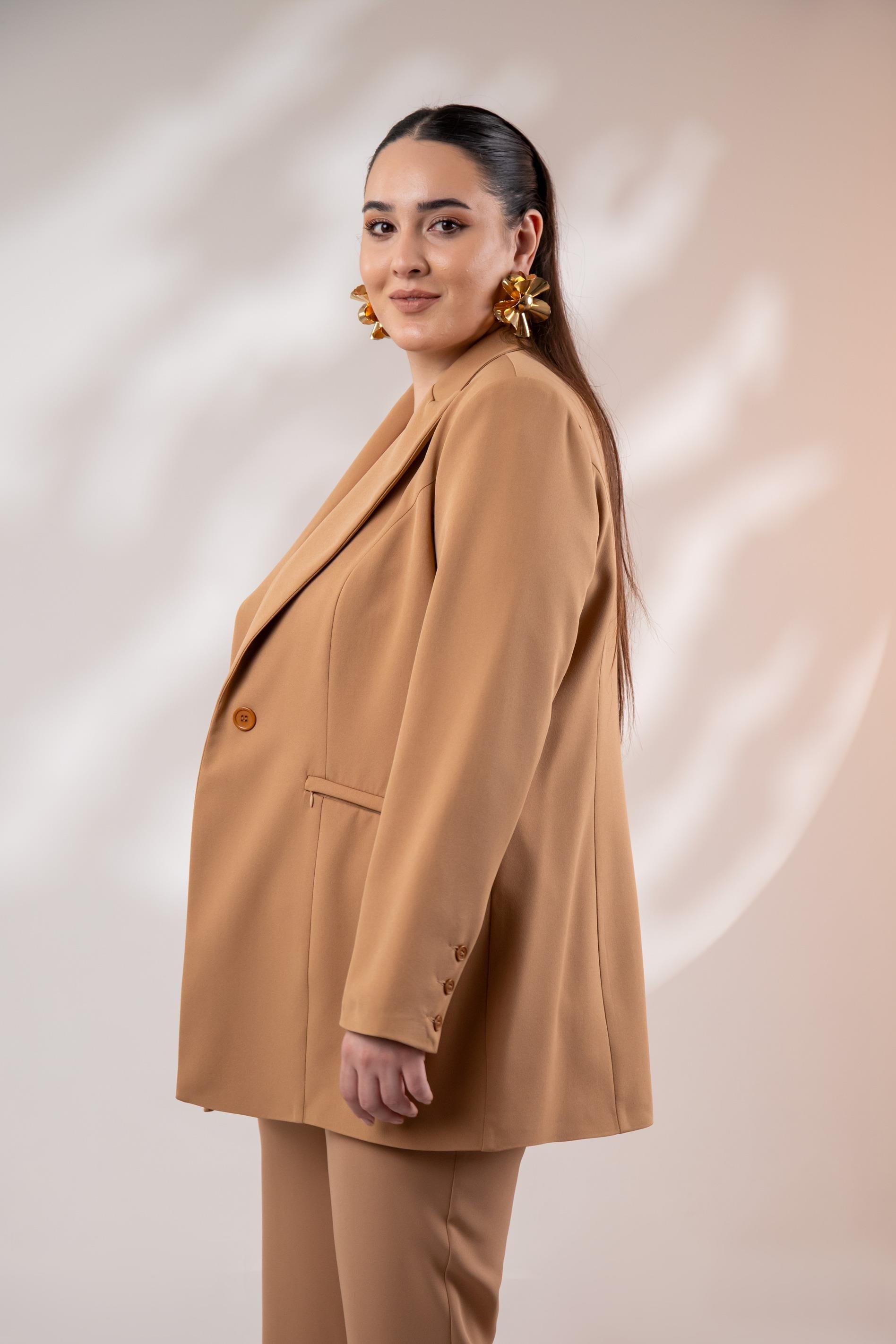 Büyük Beden 122262 Cep Fermuarlı Blazer Ceket Camel