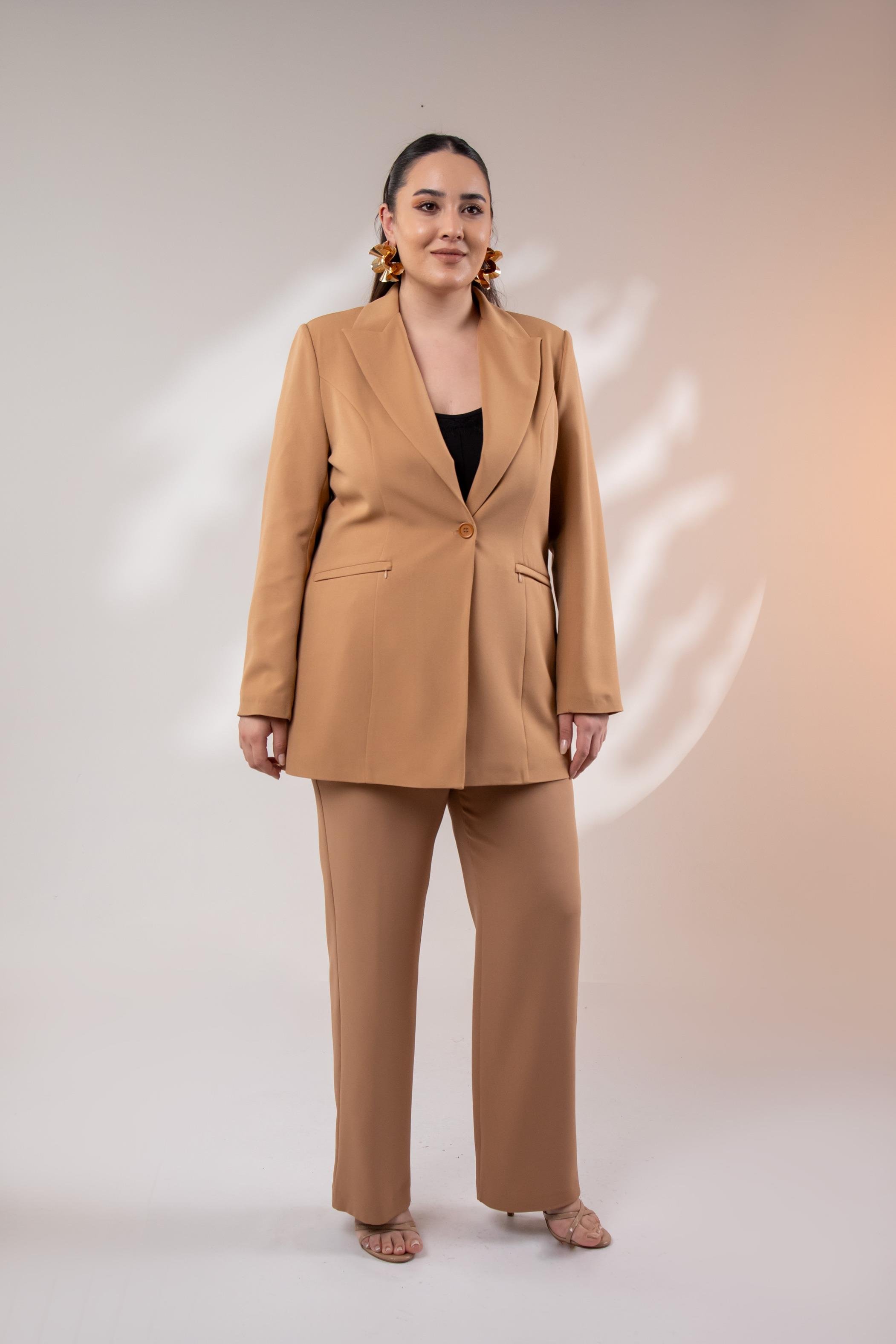 Büyük Beden 122262 Cep Fermuarlı Blazer Ceket Camel