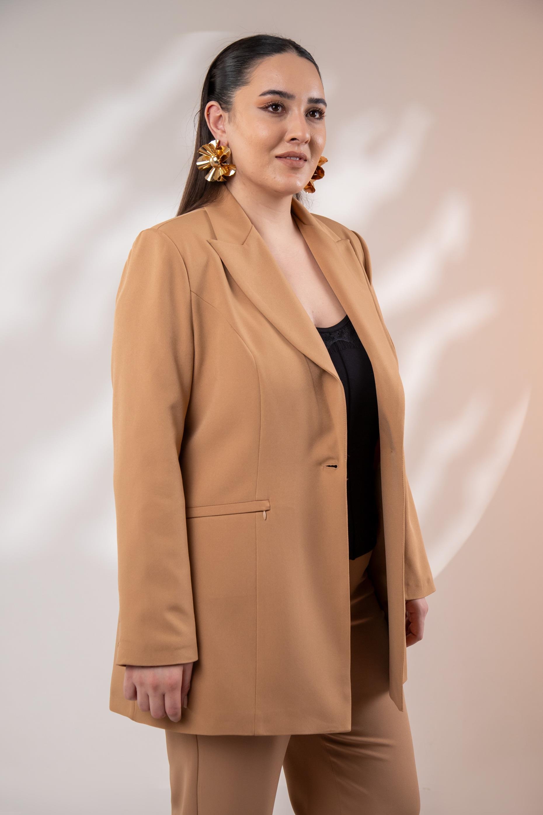 Büyük Beden 122262 Cep Fermuarlı Blazer Ceket Camel