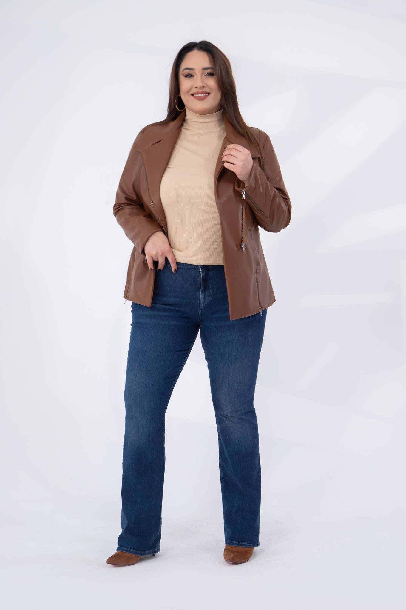 Büyük Beden 122296 Ester Fermuarlı Deri Ceket  Taba