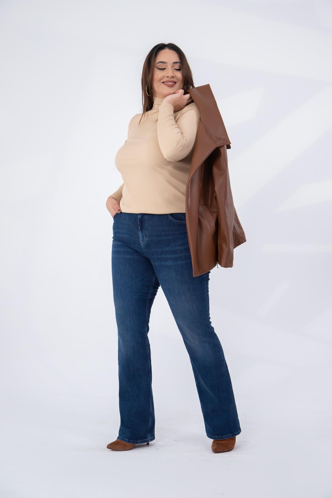 Büyük Beden 122296 Ester Fermuarlı Deri Ceket  Taba