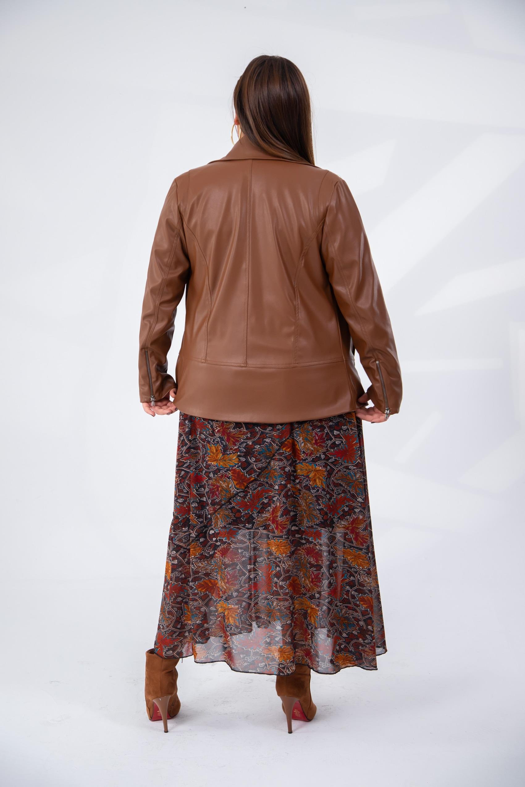 Büyük Beden 122296 Ester Fermuarlı Deri Ceket  Taba