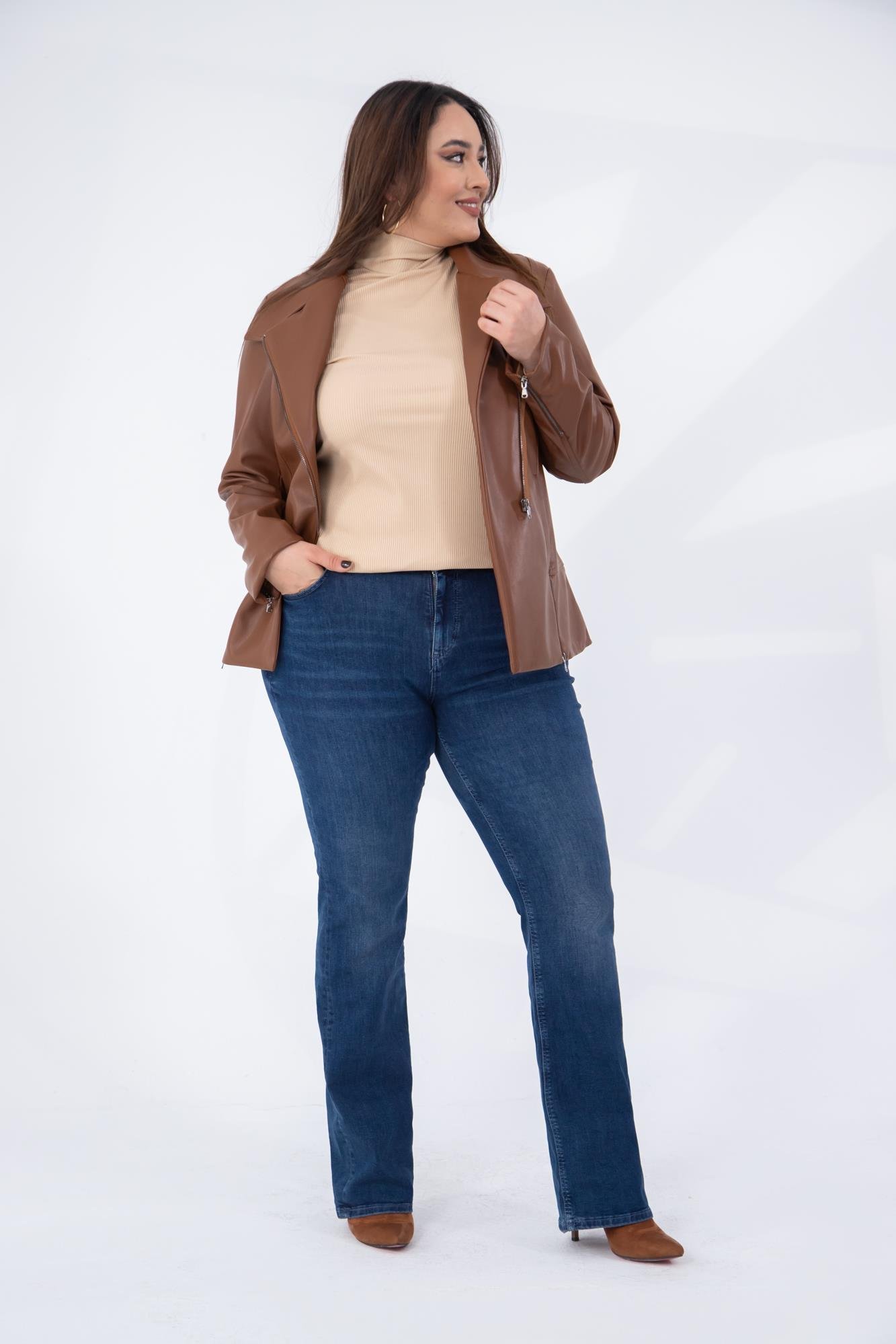 Büyük Beden 122296 Ester Fermuarlı Deri Ceket  Taba