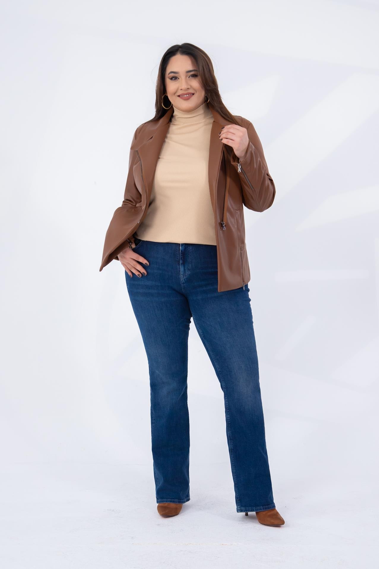 Büyük Beden 122296 Ester Fermuarlı Deri Ceket  Taba