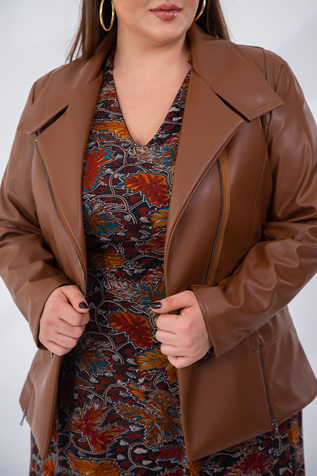 Büyük Beden 122296 Ester Fermuarlı Deri Ceket  Taba