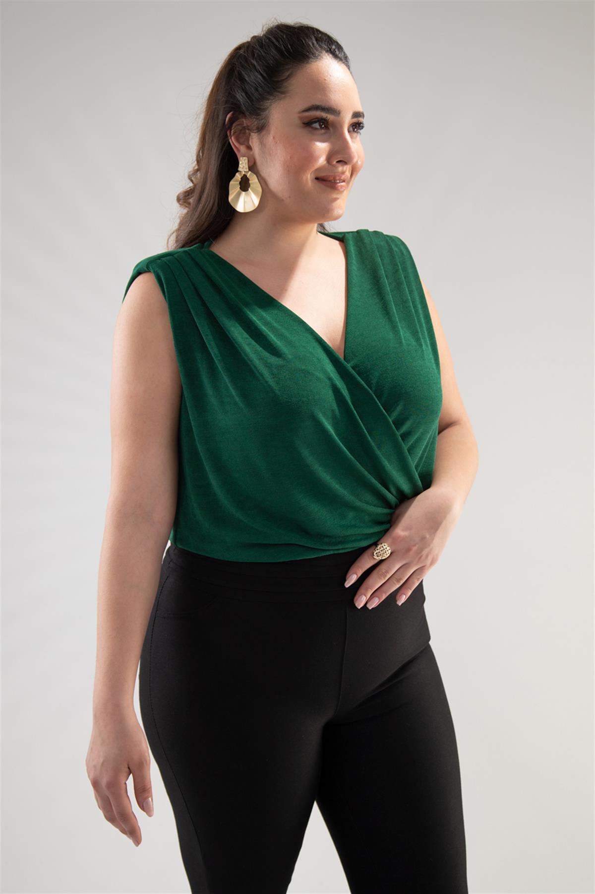 Büyük Beden 122317 Kruvaze Yaka Bluz  Yeşil