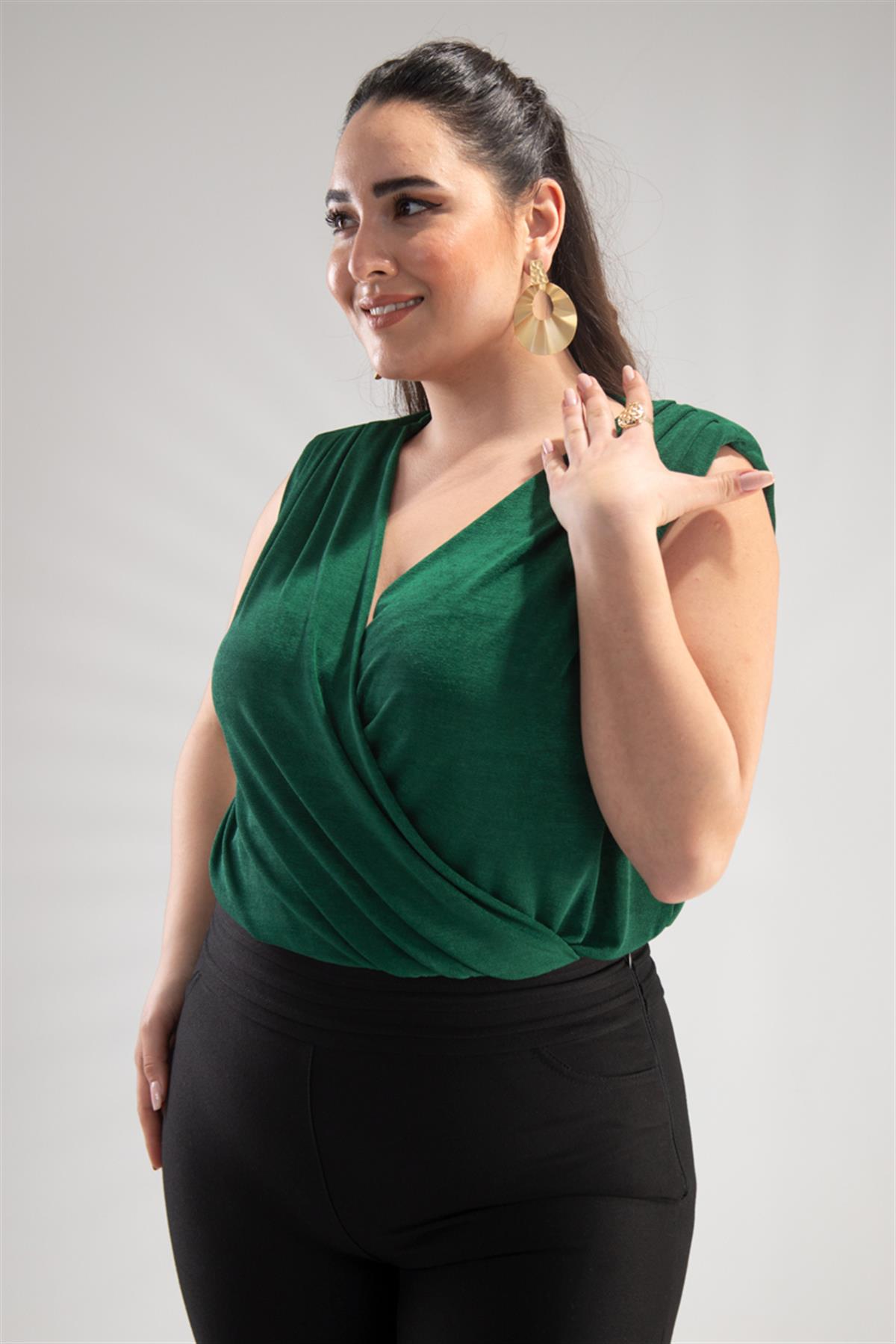 Büyük Beden 122317 Kruvaze Yaka Bluz  Yeşil