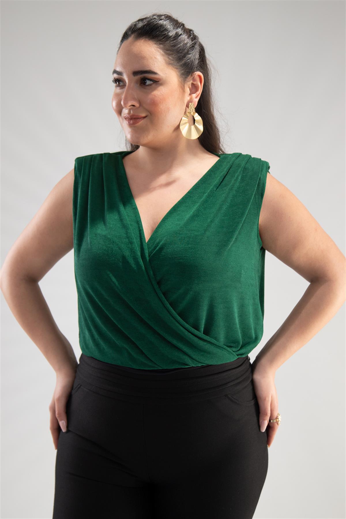 Büyük Beden 122317 Kruvaze Yaka Bluz  Yeşil