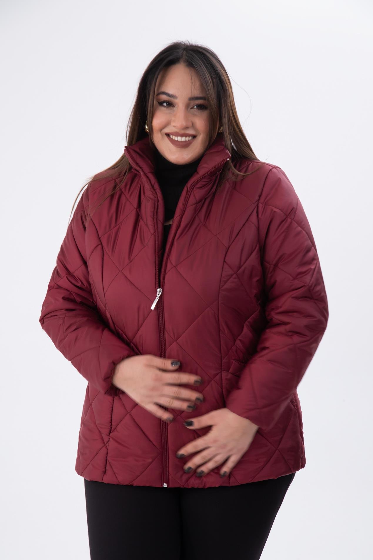 Büyük Beden 132058 Kapitone Kısa Mont  Bordo