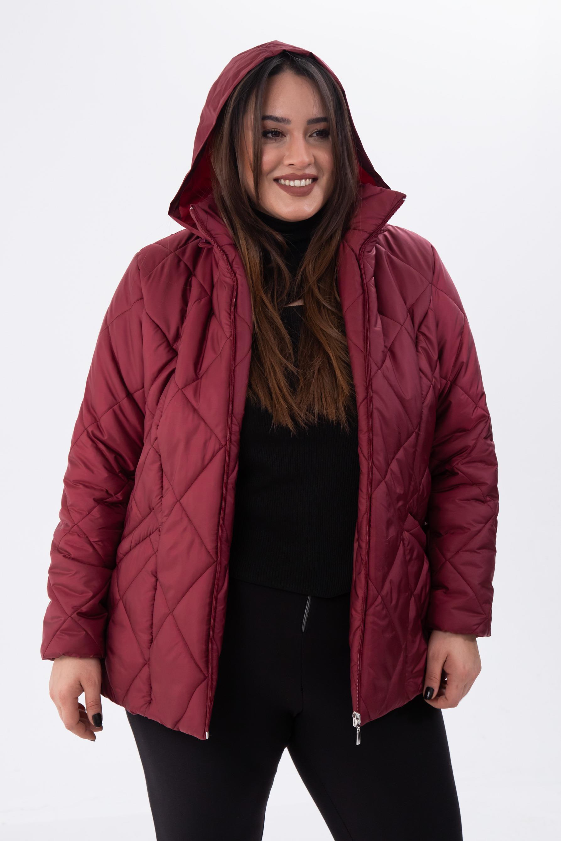 Büyük Beden 132058 Kapitone Kısa Mont  Bordo