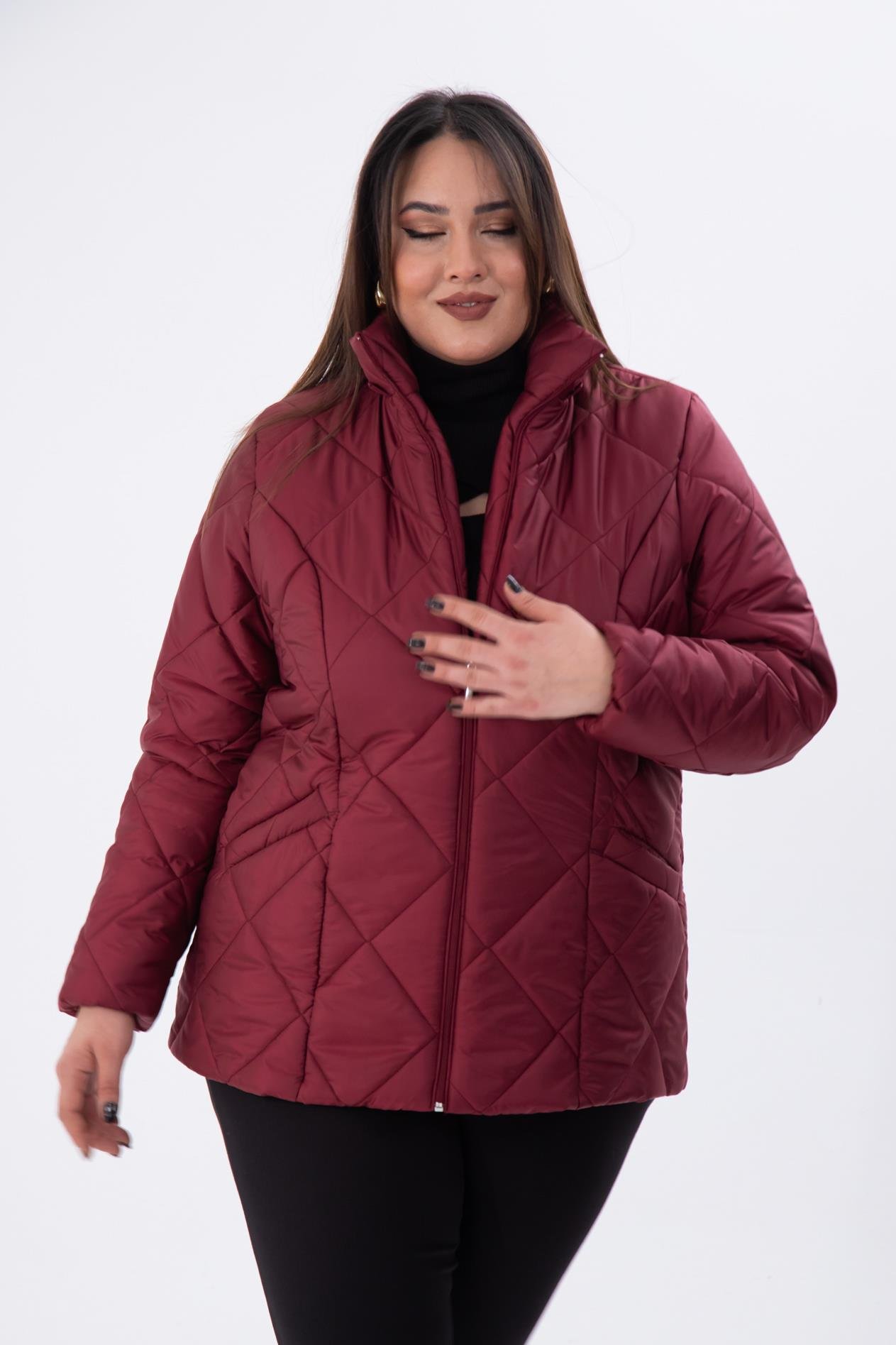 Büyük Beden 132058 Kapitone Kısa Mont  Bordo