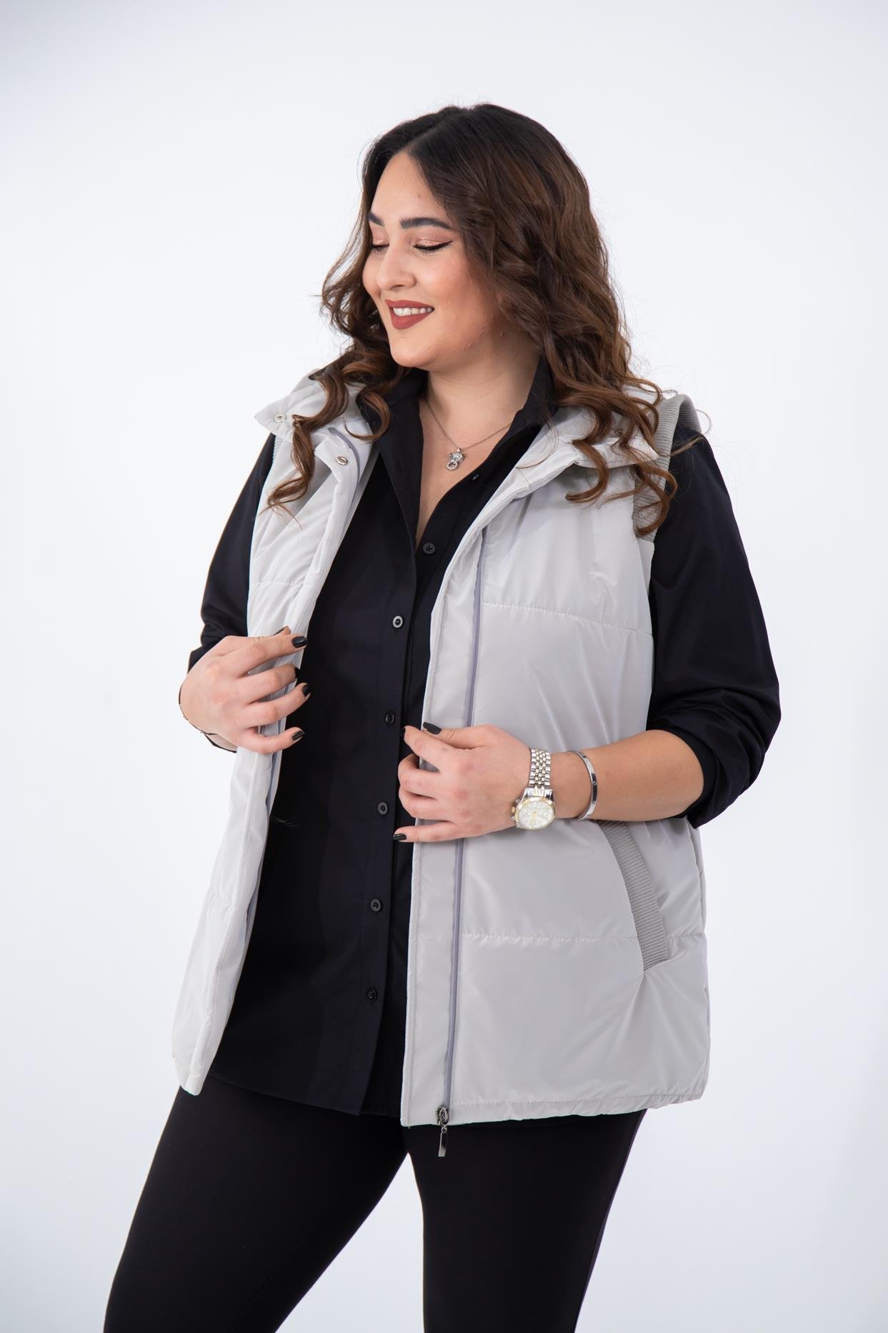 Büyük Beden 132187 Kapitone Yelek  Taş