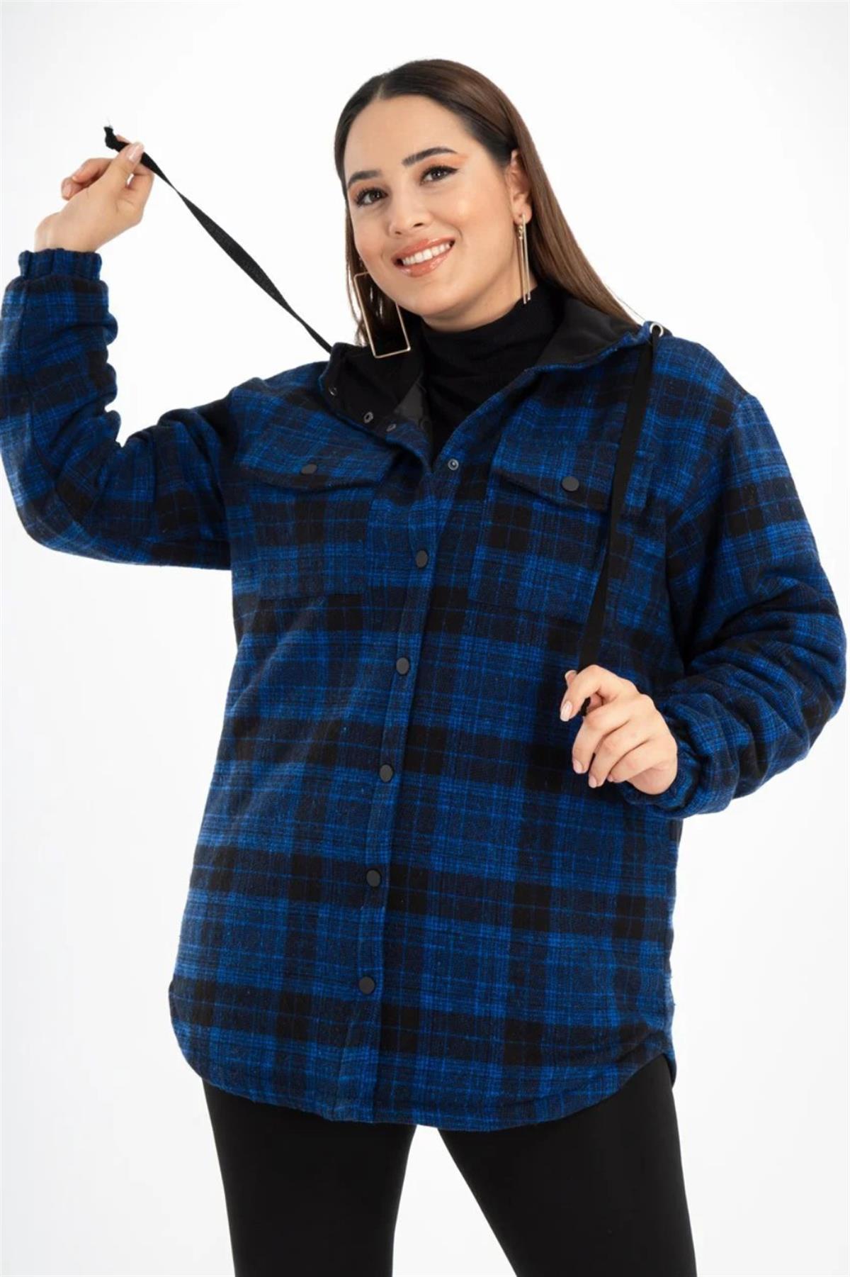 Büyük Beden 132288  Kapüşonlu Ekose Kaban  Saks