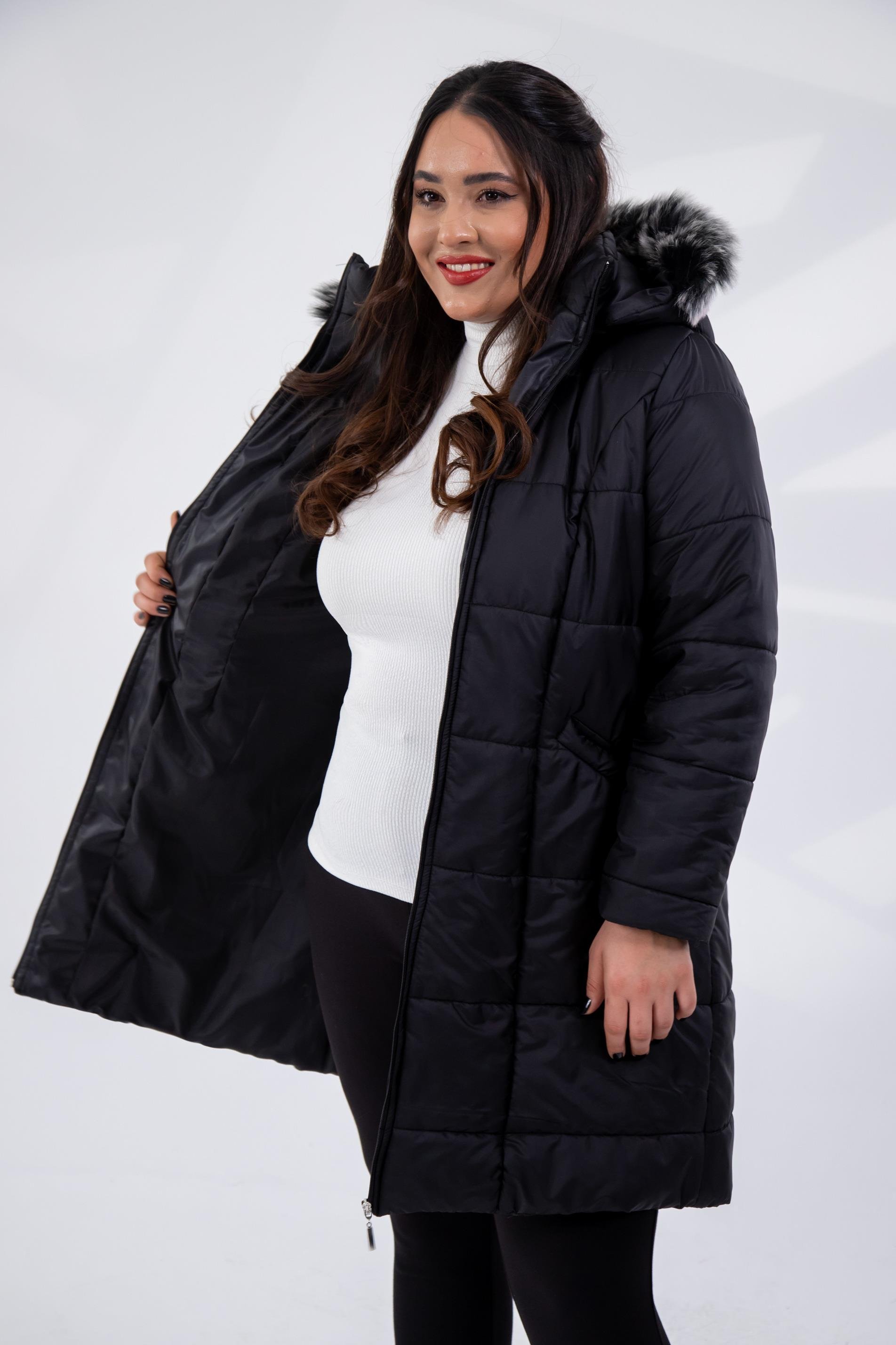 Büyük Beden 132334 Şapkası  Kürklü Mont  Siyah