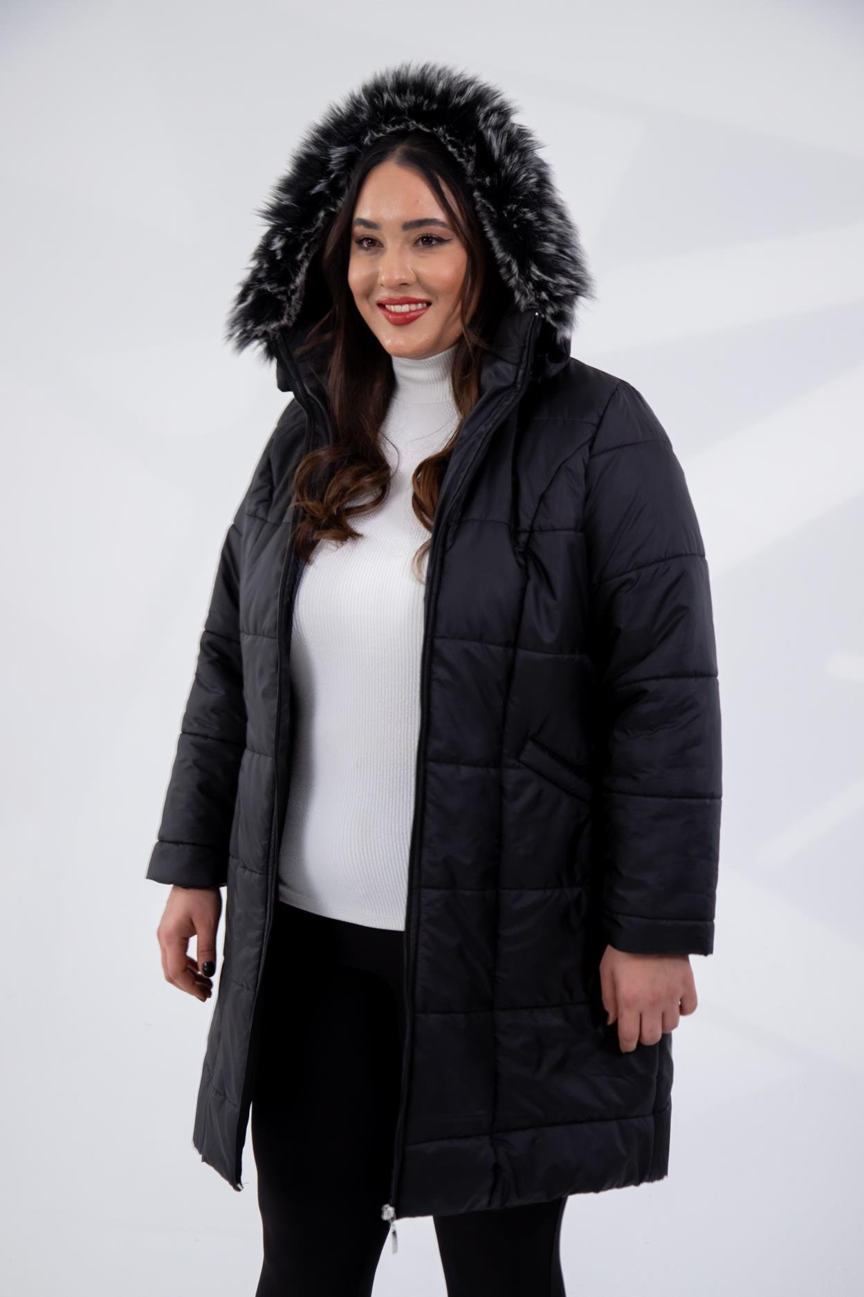 Büyük Beden 132334 Şapkası  Kürklü Mont  Siyah