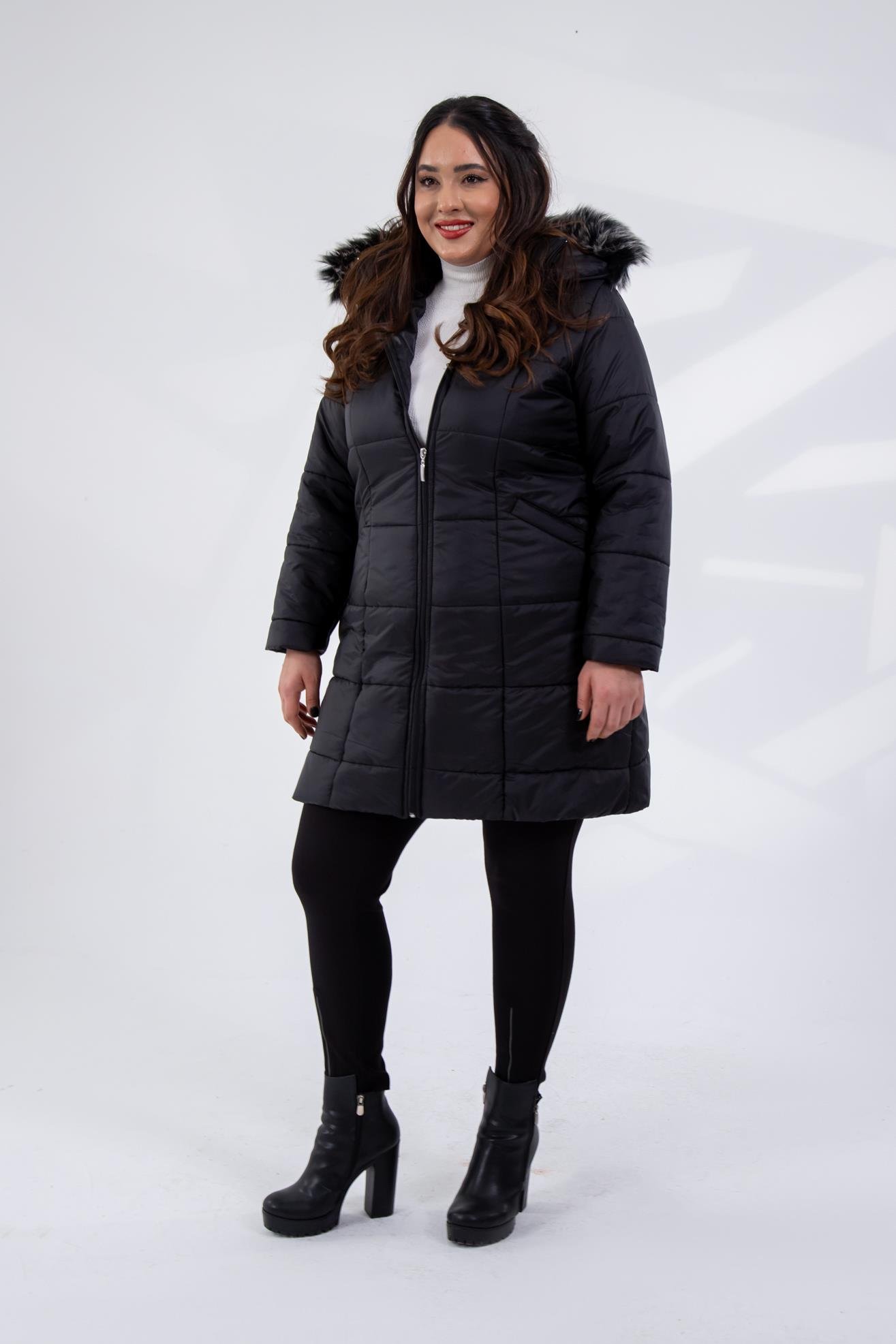 Büyük Beden 132334 Şapkası  Kürklü Mont  Siyah