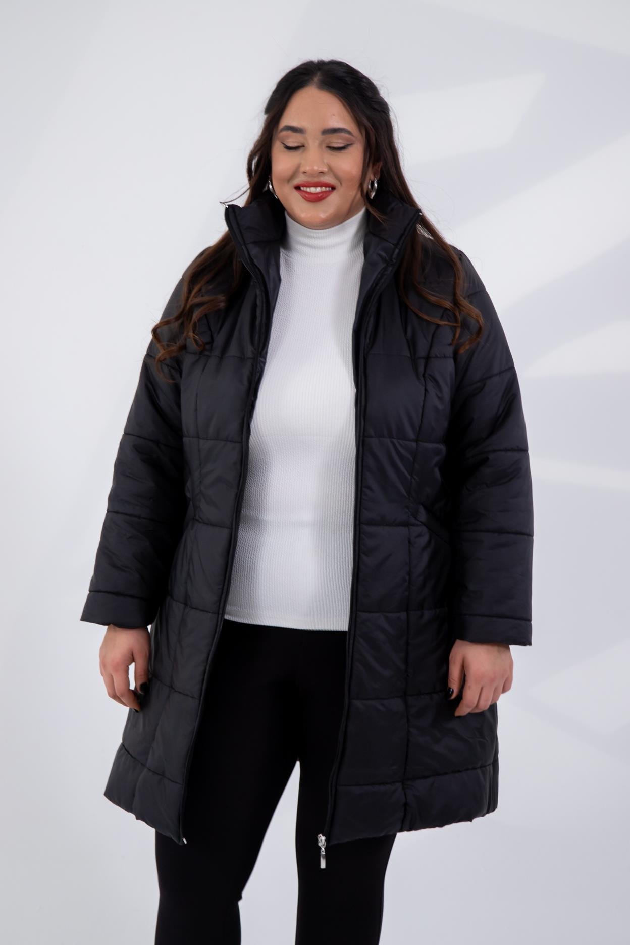 Büyük Beden 132334 Şapkası  Kürklü Mont  Siyah