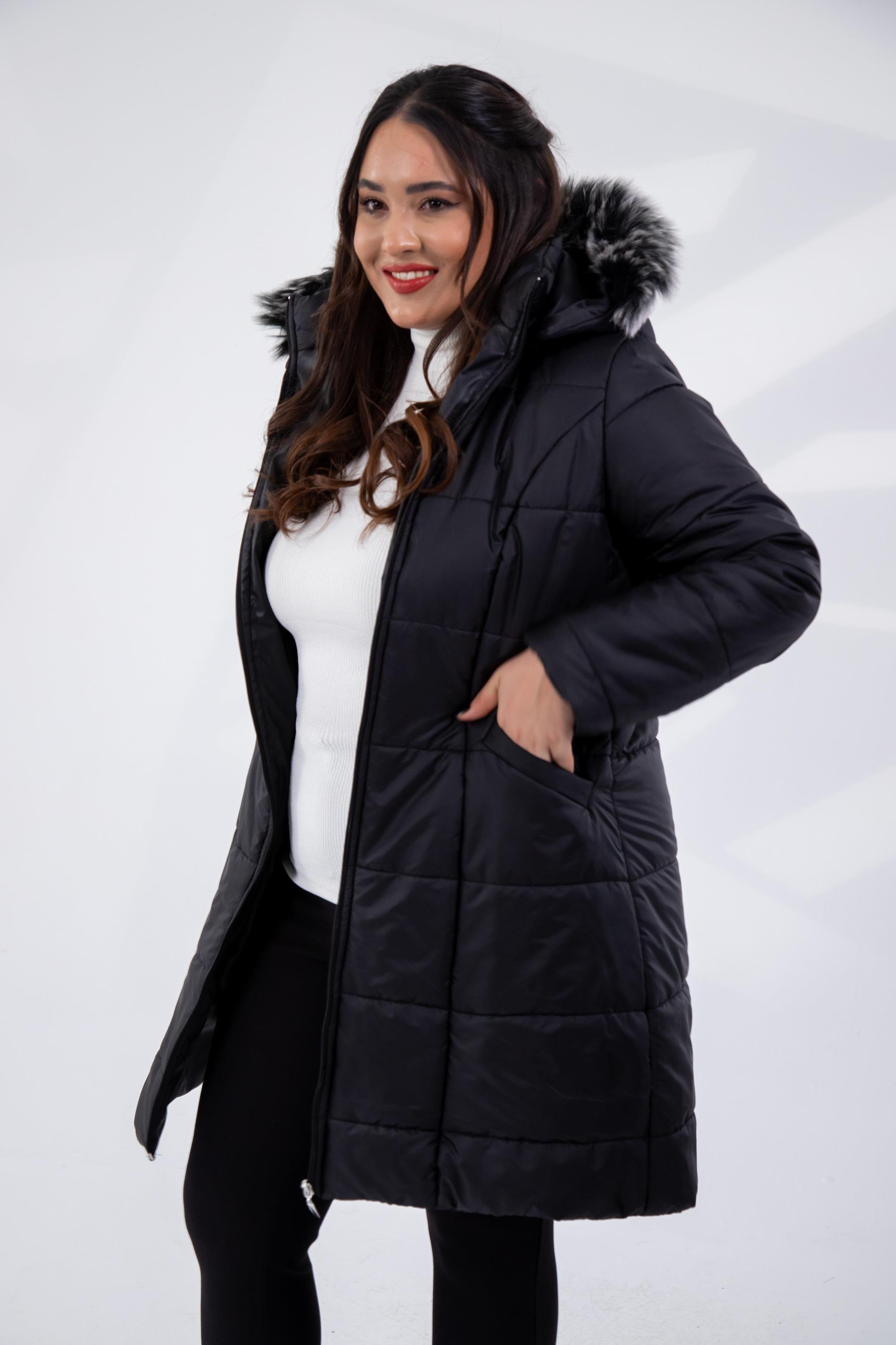 Büyük Beden 132334 Şapkası  Kürklü Mont  Siyah