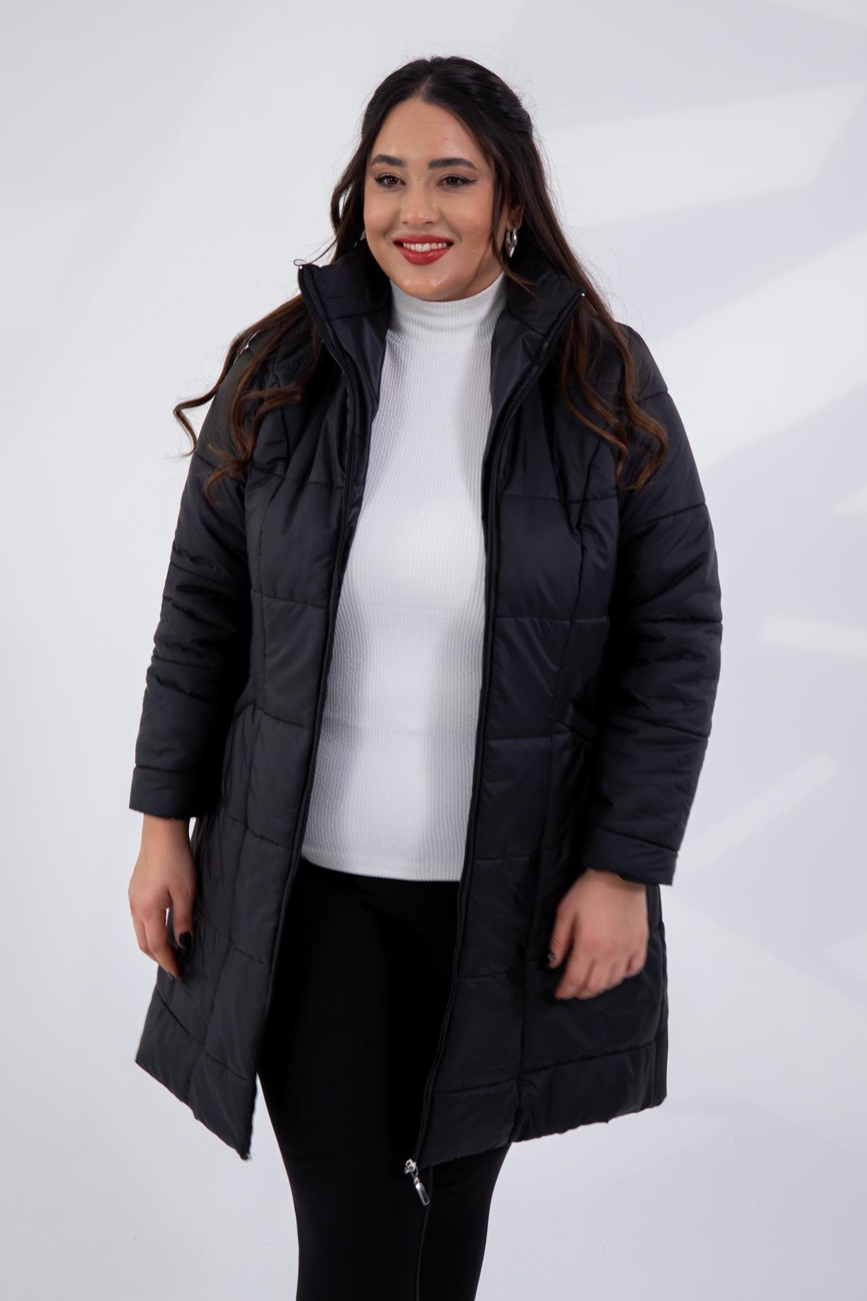 Büyük Beden 132334 Şapkası  Kürklü Mont  Siyah