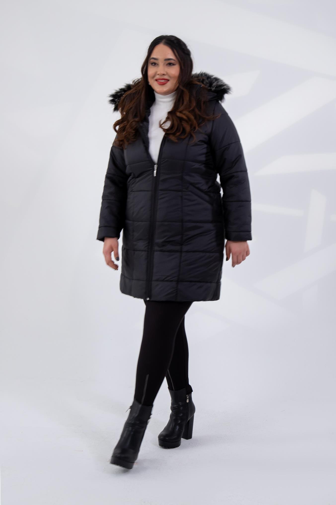 Büyük Beden 132334 Şapkası  Kürklü Mont  Siyah