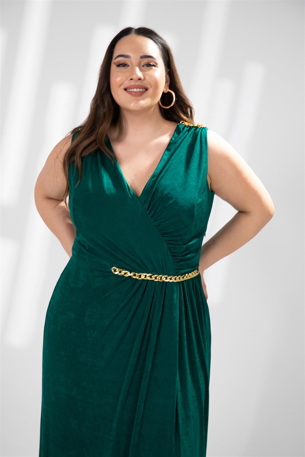 Büyük Beden 142006 Zincir Detaylı Abiye  Yeşil