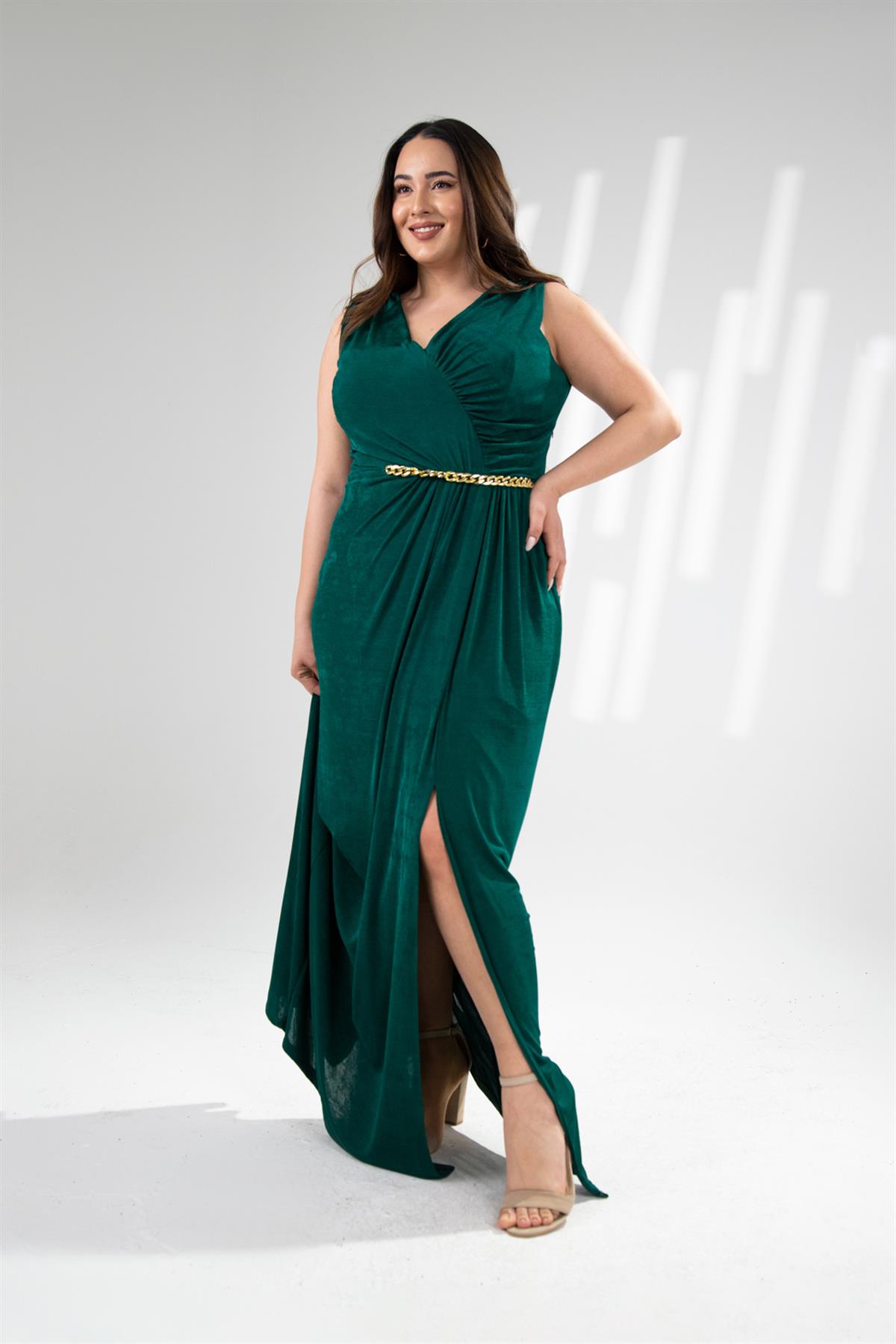 Büyük Beden 142006 Zincir Detaylı Abiye  Yeşil