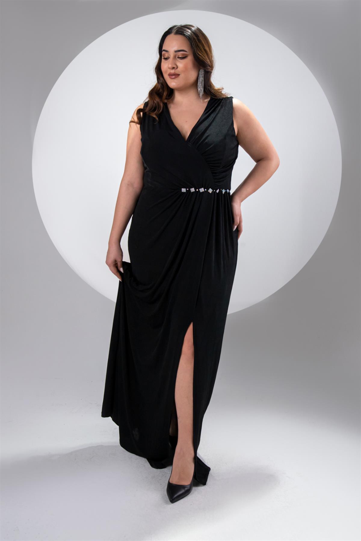 Büyük Beden 142007 Taş Detaylı Abiye Siyah