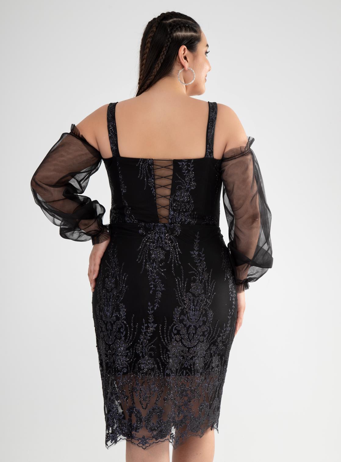 Büyük Beden 142010 Askılı Taşlı  Abiye  Siyah