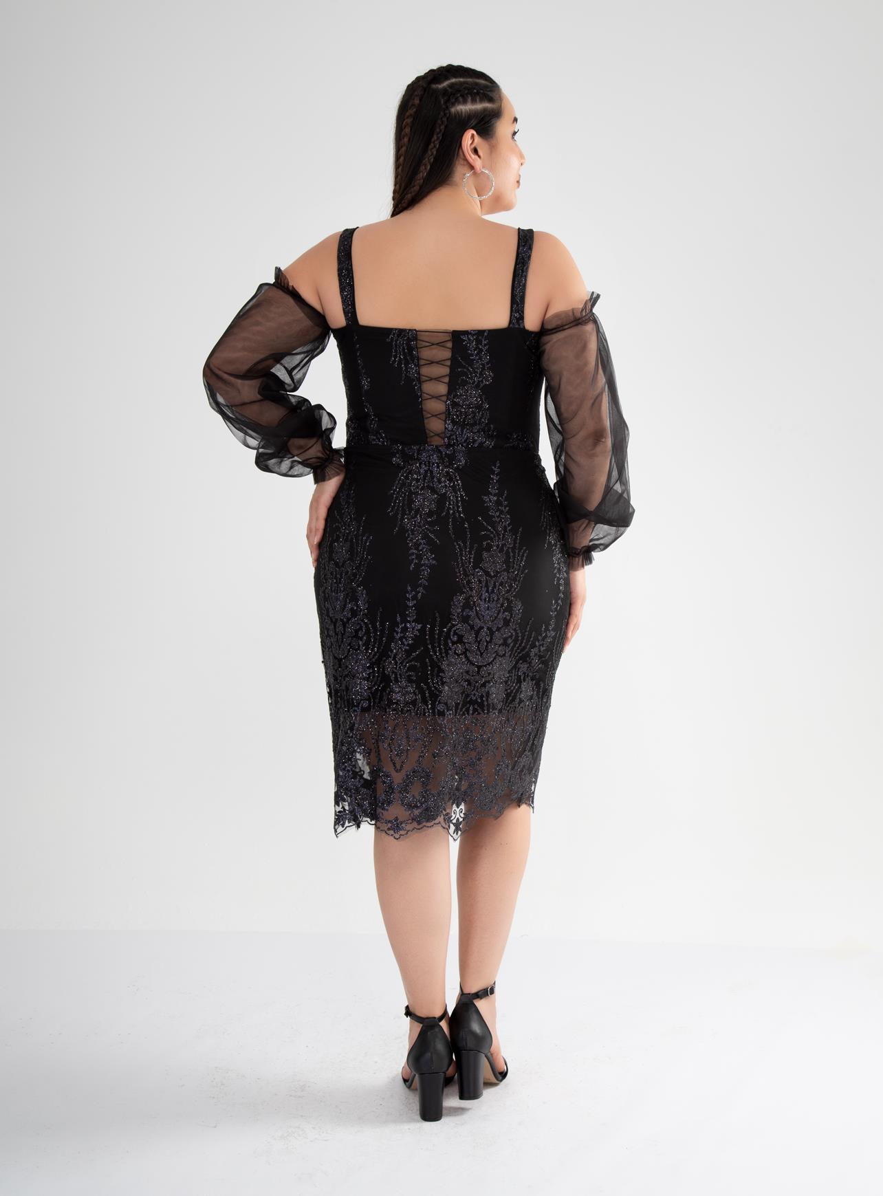 Büyük Beden 142010 Askılı Taşlı  Abiye  Siyah