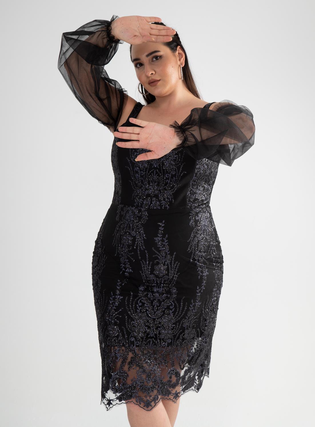 Büyük Beden 142010 Askılı Taşlı  Abiye  Siyah