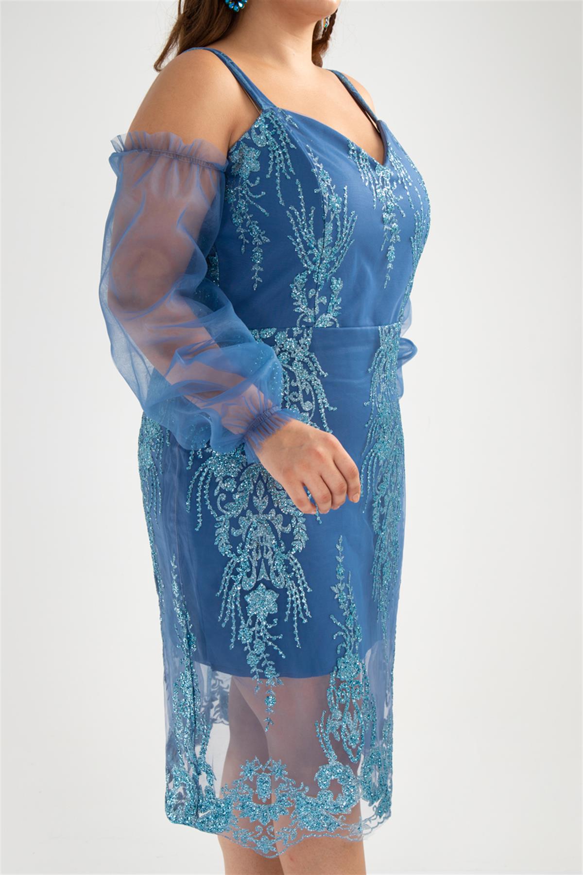 Büyük Beden 142010 Askılı Taşlı  Abiye  Mavi