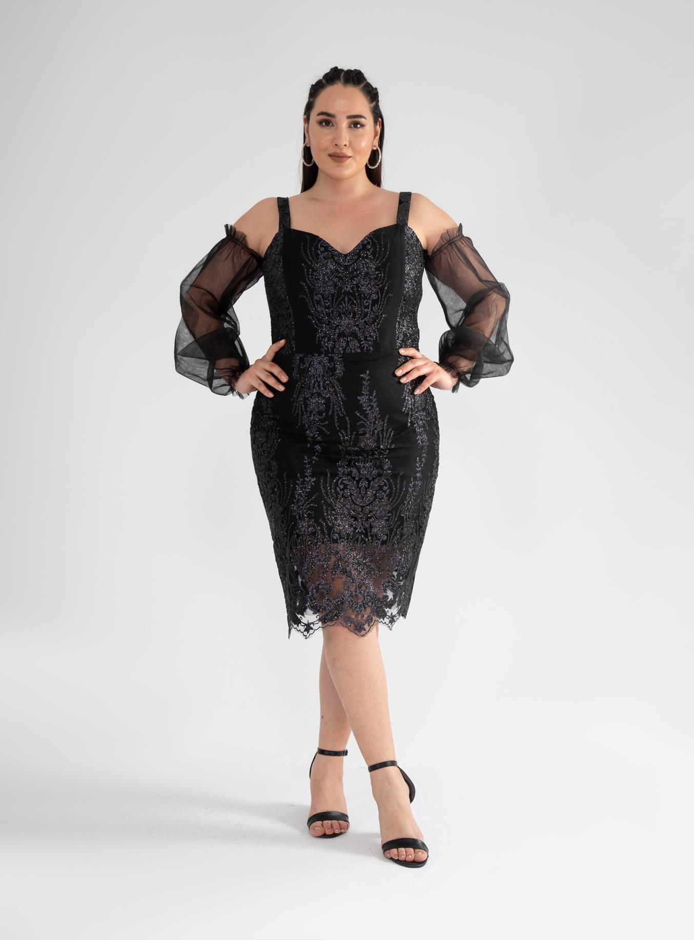 Büyük Beden 142010 Askılı Taşlı  Abiye  Siyah