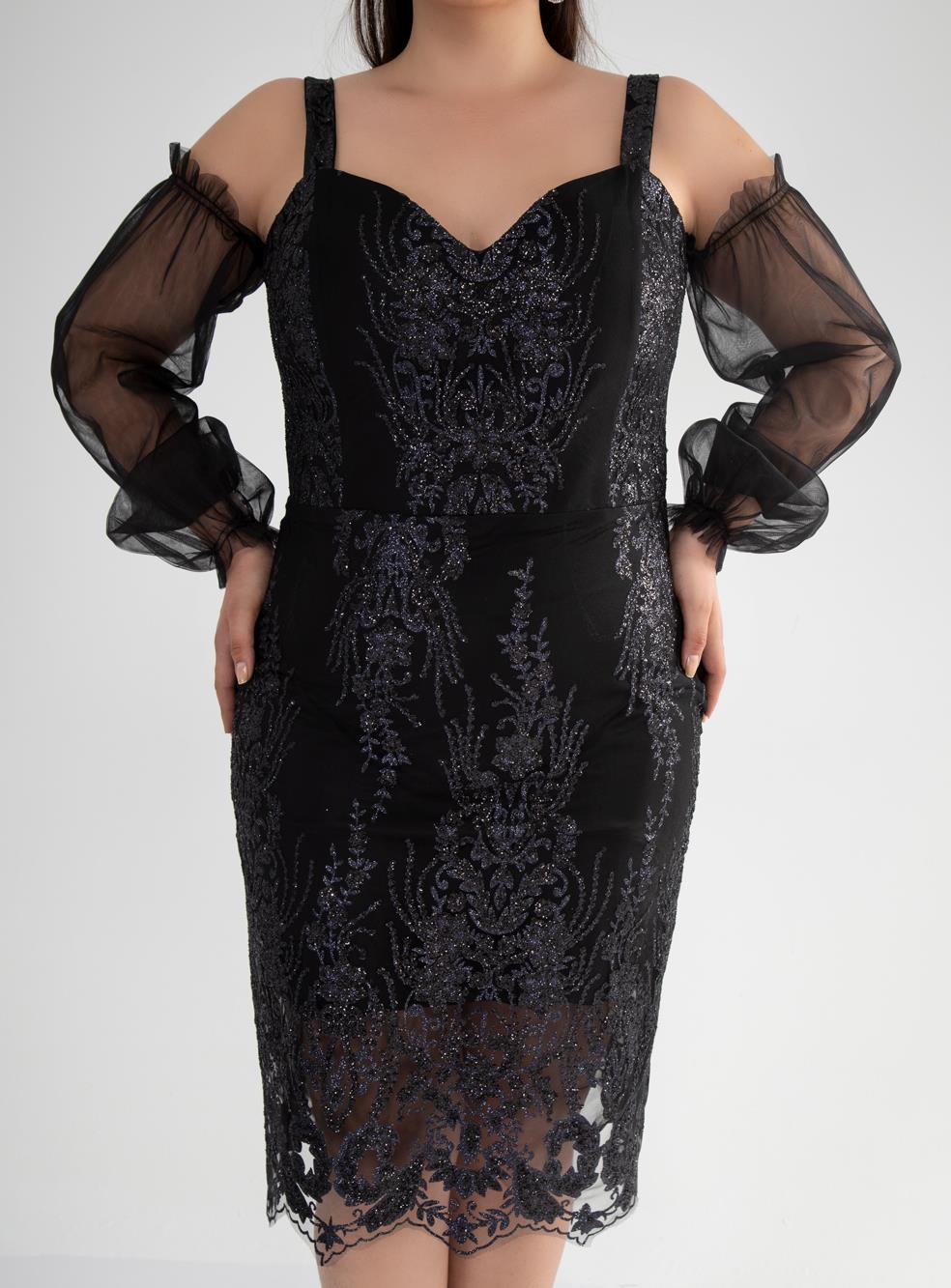 Büyük Beden 142010 Askılı Taşlı  Abiye  Siyah