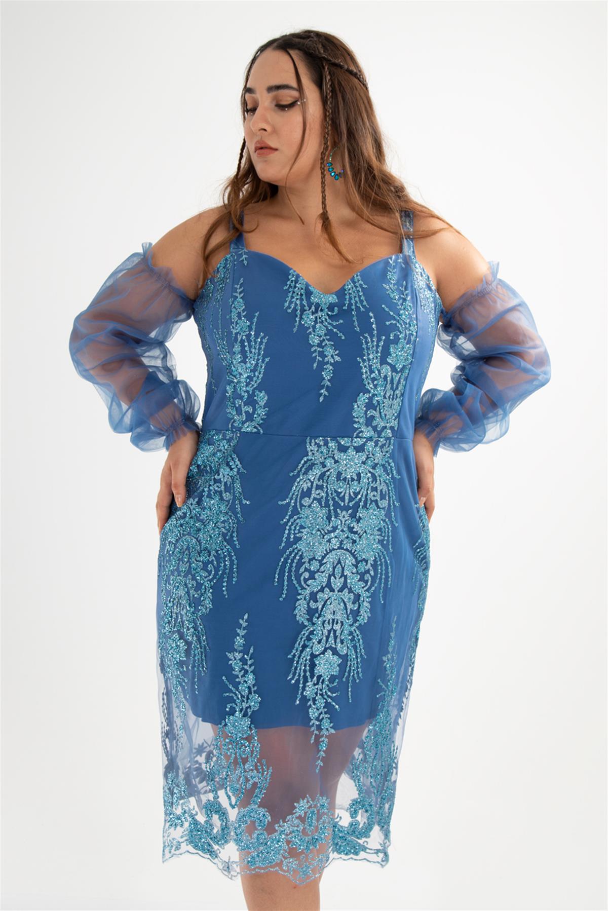 Büyük Beden 142010 Askılı Taşlı  Abiye  Mavi