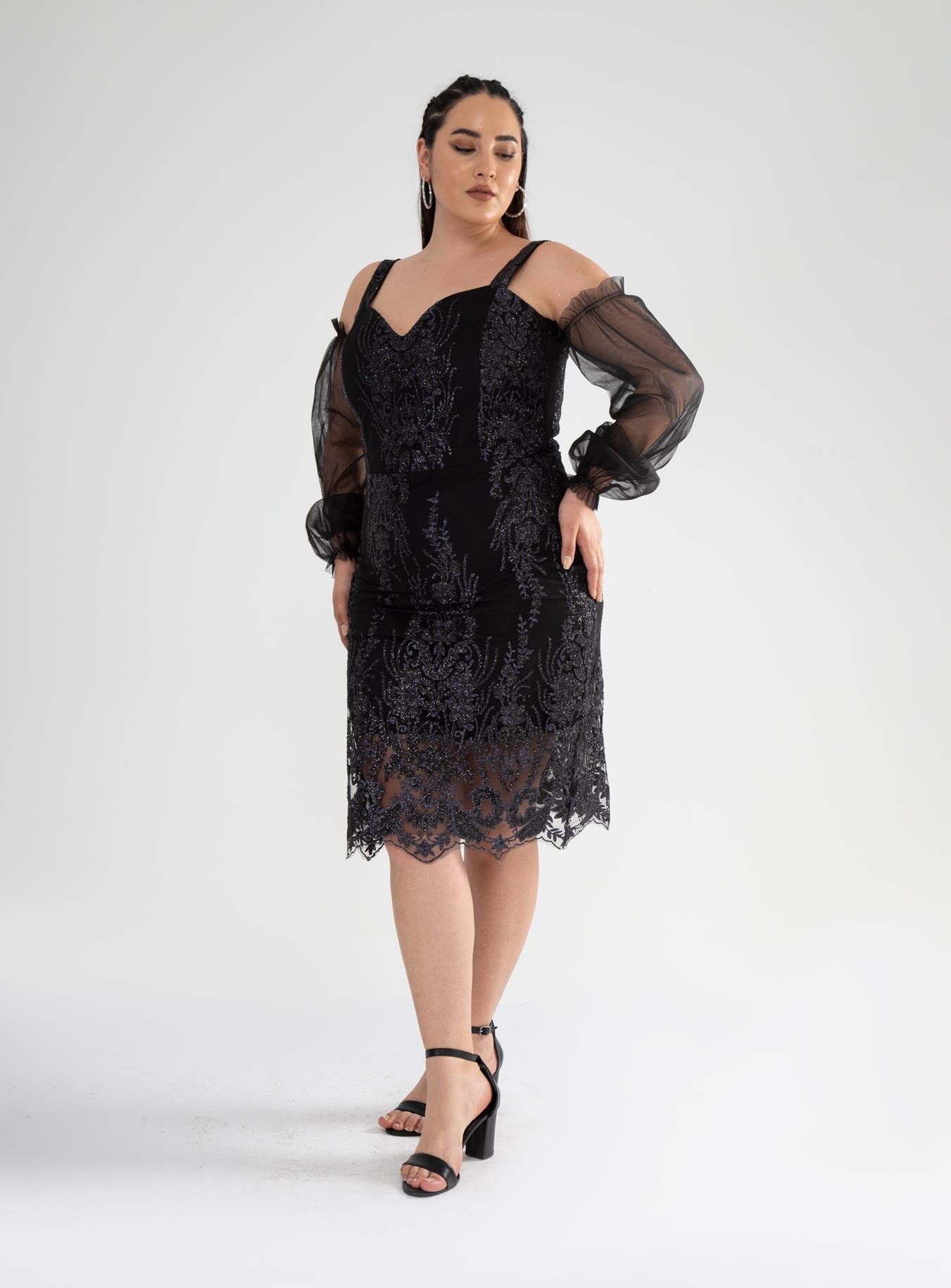 Büyük Beden 142010 Askılı Taşlı  Abiye  Siyah