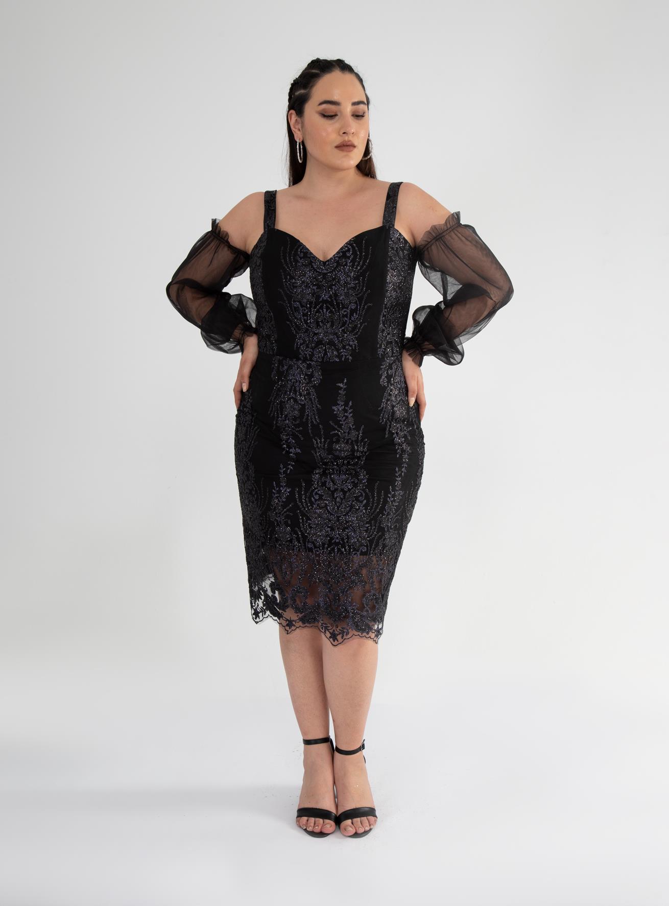 Büyük Beden 142010 Askılı Taşlı  Abiye  Siyah