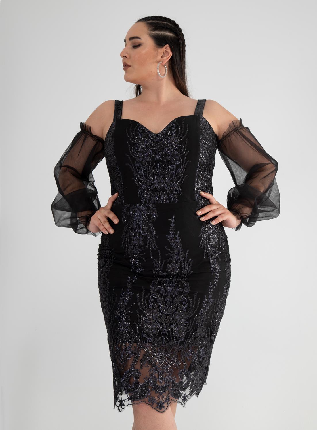 Büyük Beden 142010 Askılı Taşlı  Abiye  Siyah