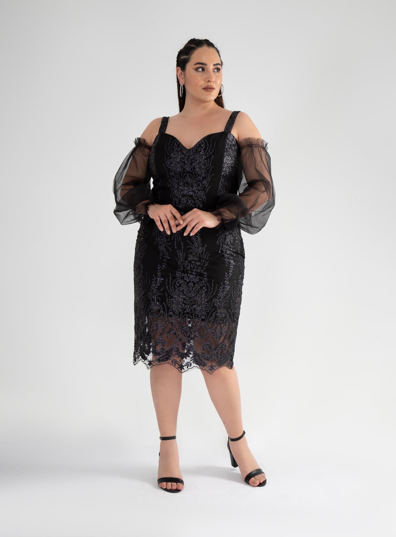 Büyük Beden 142010 Askılı Taşlı  Abiye  Siyah